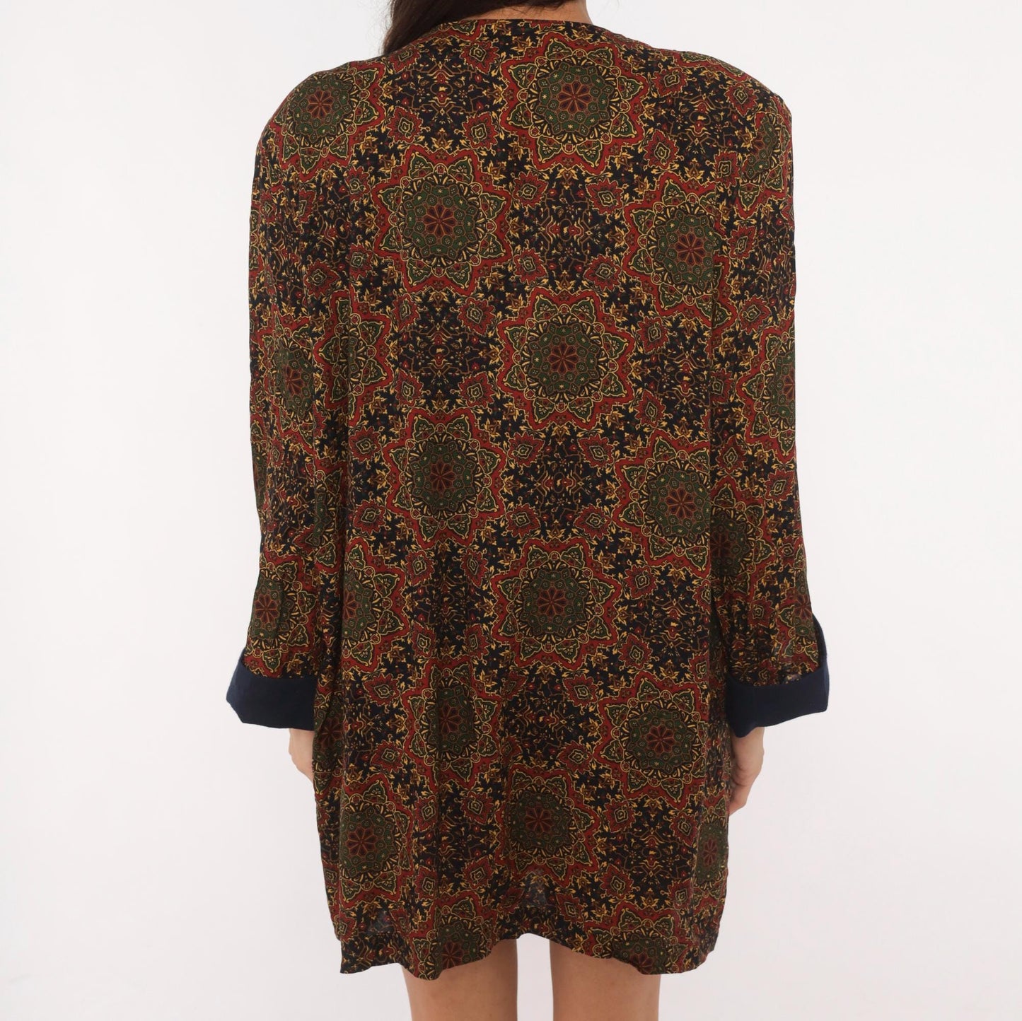 90s Medallion Tapestry Robe Kimono Navy Red Olive Gold Duster Large L