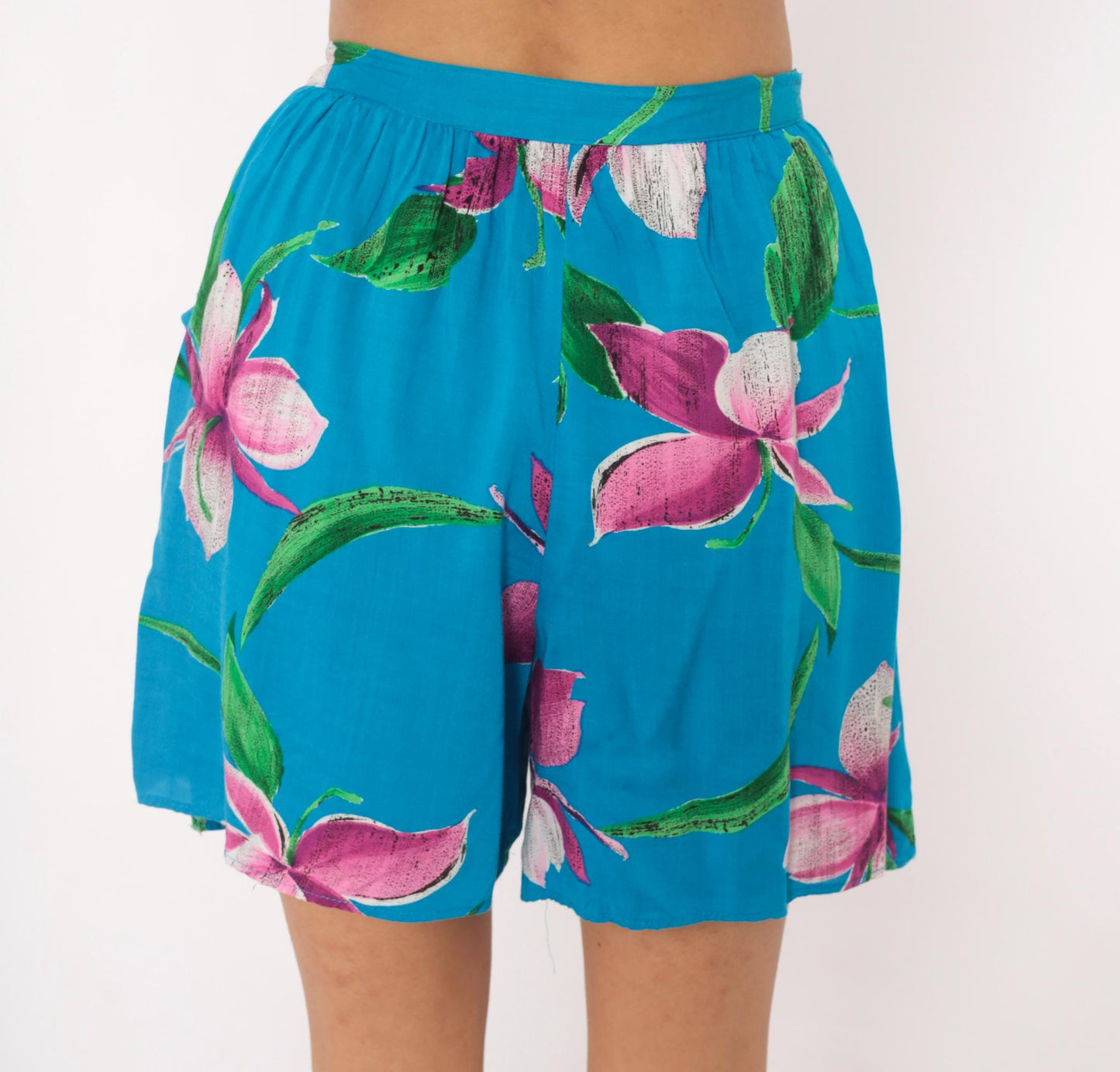 90s Profiles Tropical Floral Shorts Teal Orchid High Waist Wide Leg Small