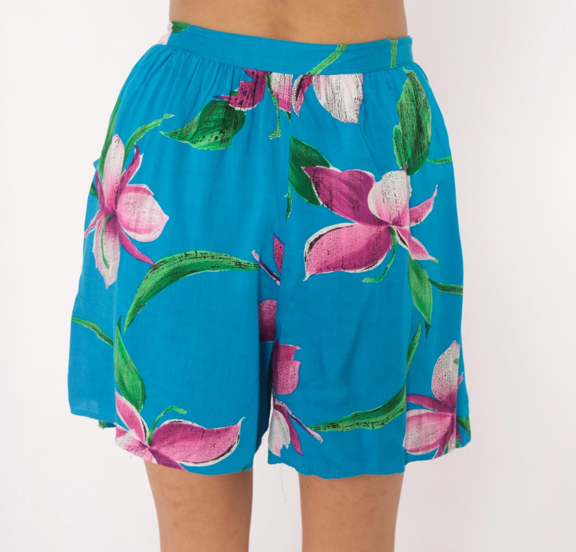 90s Profiles Tropical Floral Shorts Teal Orchid High Waist Wide Leg Small
