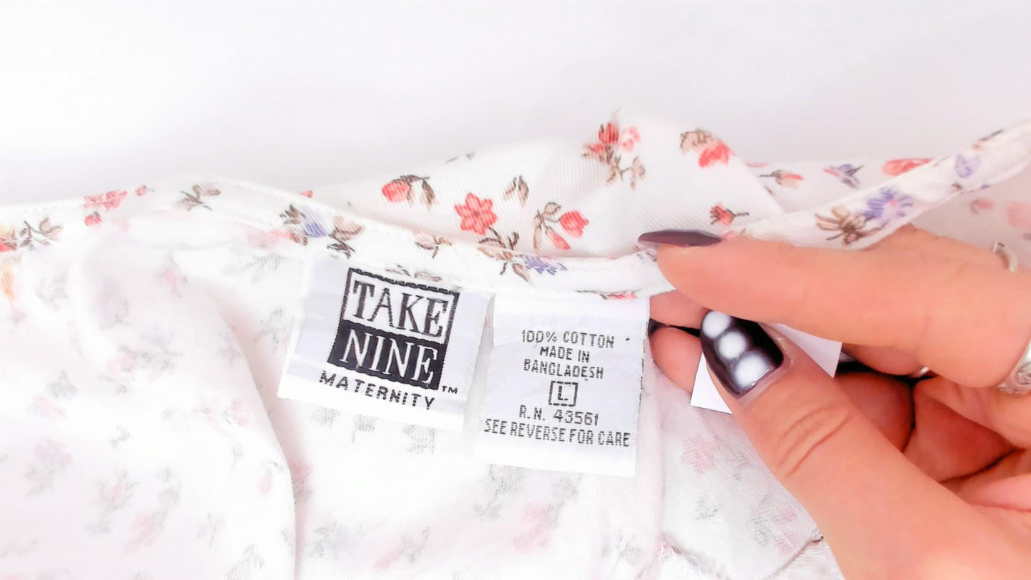 90s Take Nine Maternity Floral Jumper Dress White Cotton Knee-Length Large L