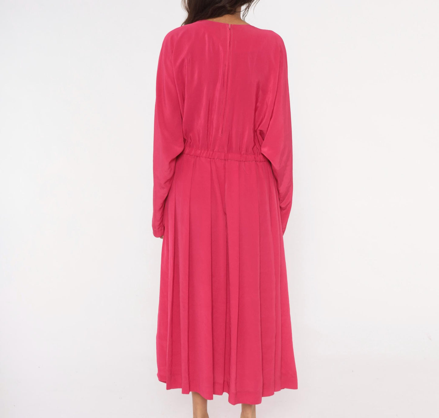 1980s J.Ellis II Fuchsia Midi Dress Blouson Waist Pleated Skirt Extra Large