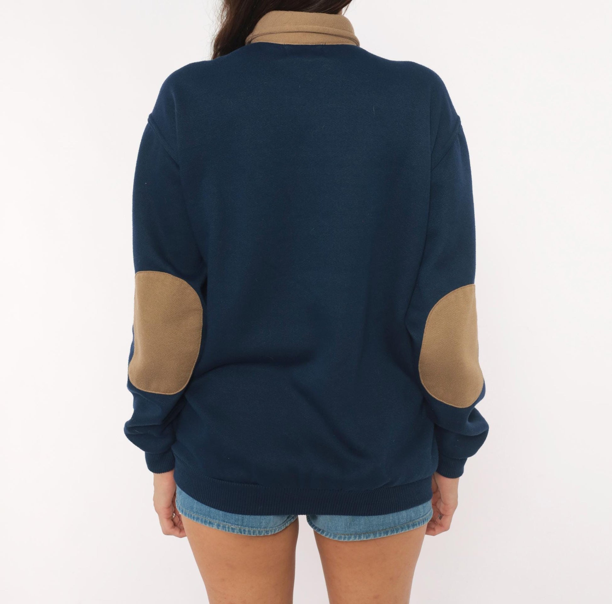 90s Scandia Woods Navy Polo Sweater Tan Elbow Patches Henley Medium M