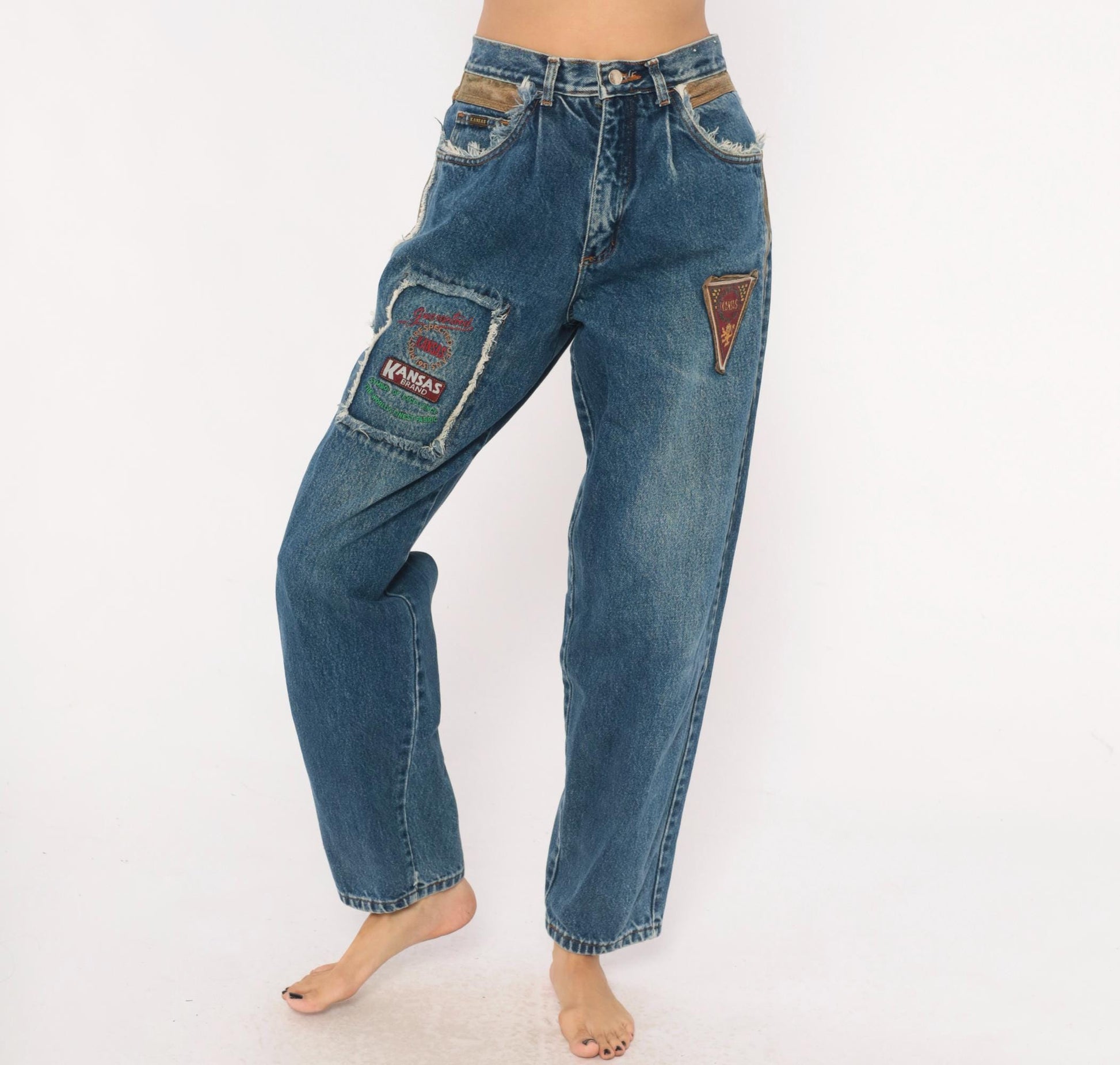 90s Kansas Brand Patchwork Denim Jeans High-Waisted Tapered Blue Suede Trim Small
