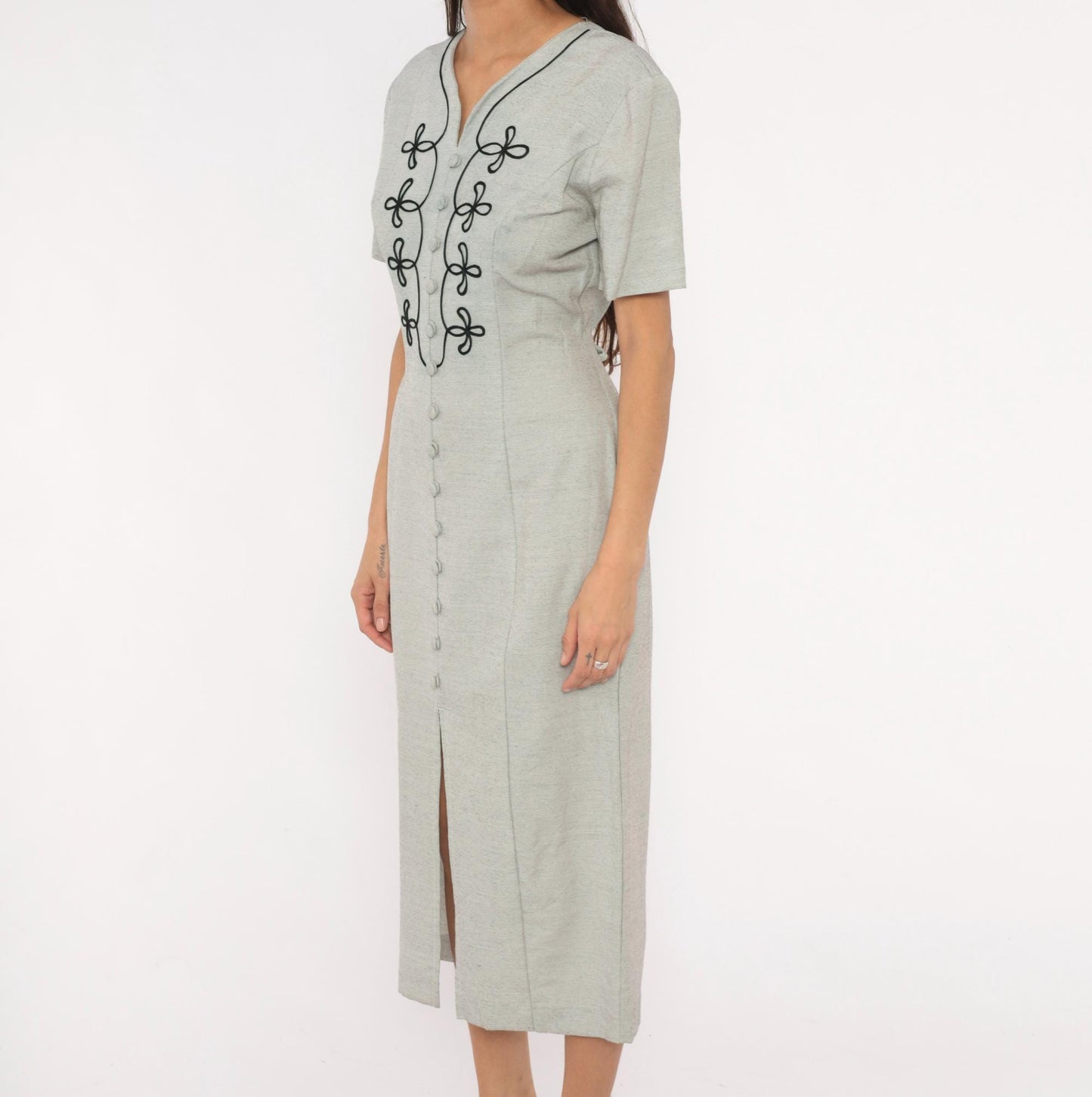 90s DJI Grey Midi Dress Soutache Embroidered Button Front V Neck Medium M