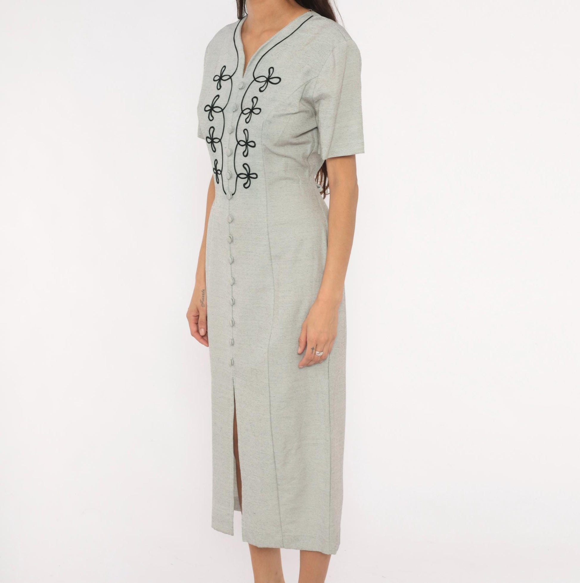 90s DJI Grey Midi Dress Soutache Embroidered Button Front V Neck Medium M