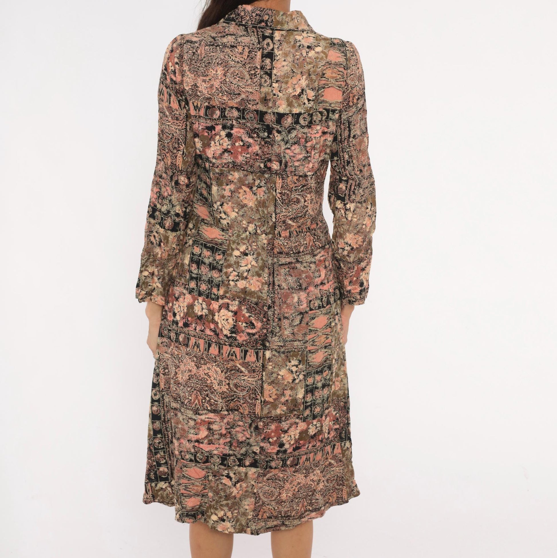 90s Patchwork Floral Midi Dress Paisley Mixed Print Pink Black Olive Small