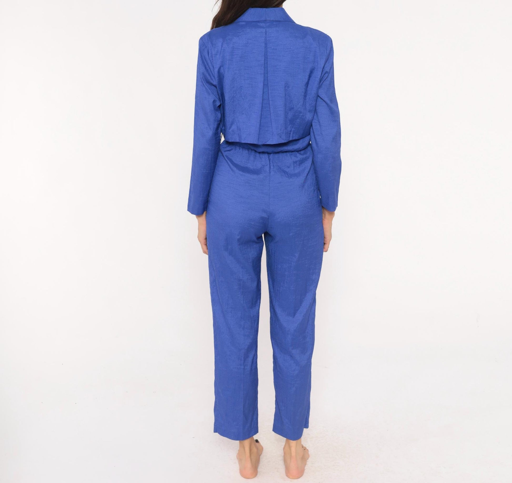 80s Joan Walters Cobalt Jumpsuit Long Sleeve Pleated Tapered Small
