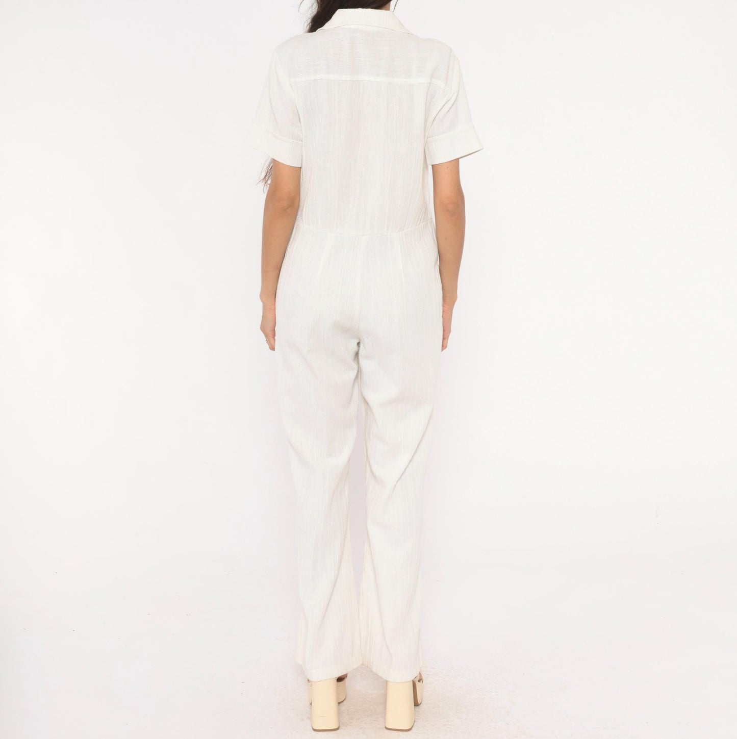 70s White Cotton Linen Jumpsuit Button Front Wide Leg Camp Collar Medium M