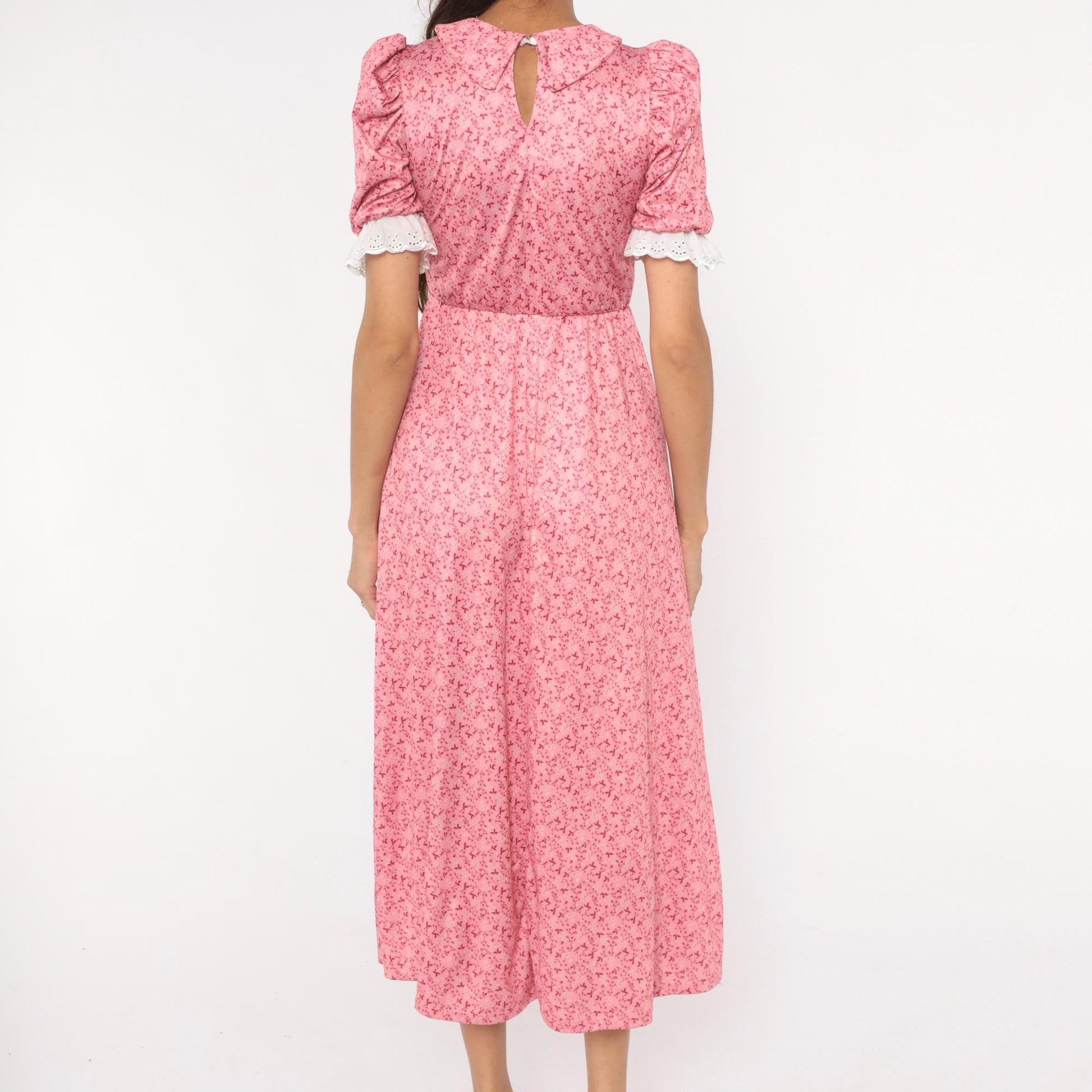 Y2K Pink Floral Midi Dress Puff Sleeve Peter Pan Collar Eyelet Lace Small S