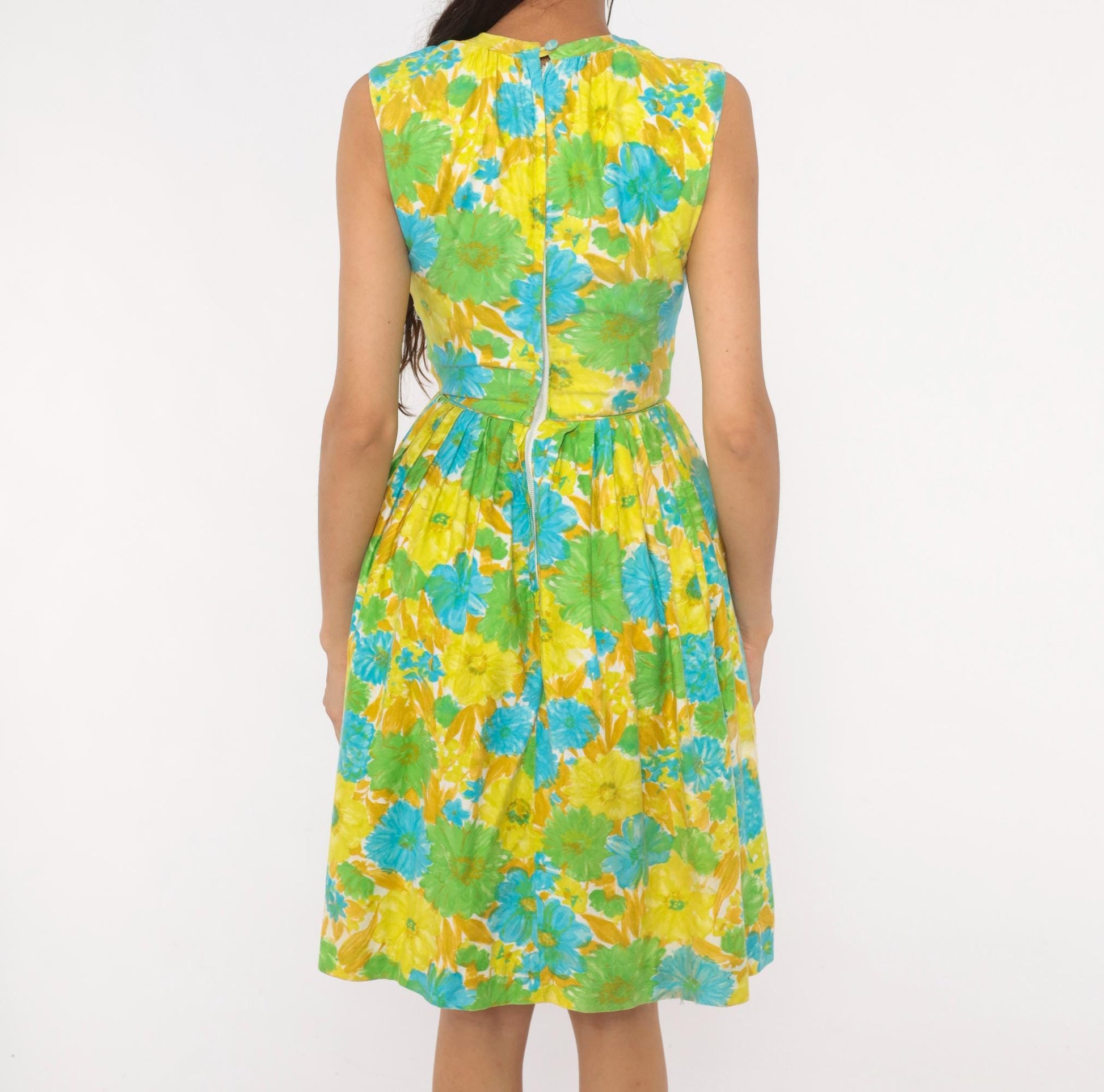 60s Floral Fit-and-Flare Sundress Daisy Print Yellow Green Blue Cotton XS