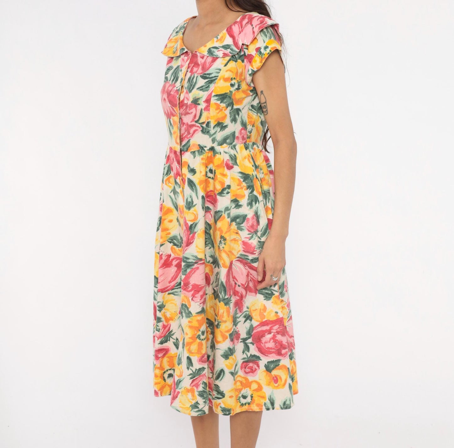 80s Floral Midi Dress Ruffle Collar Rose Print Cream Cotton Medium M