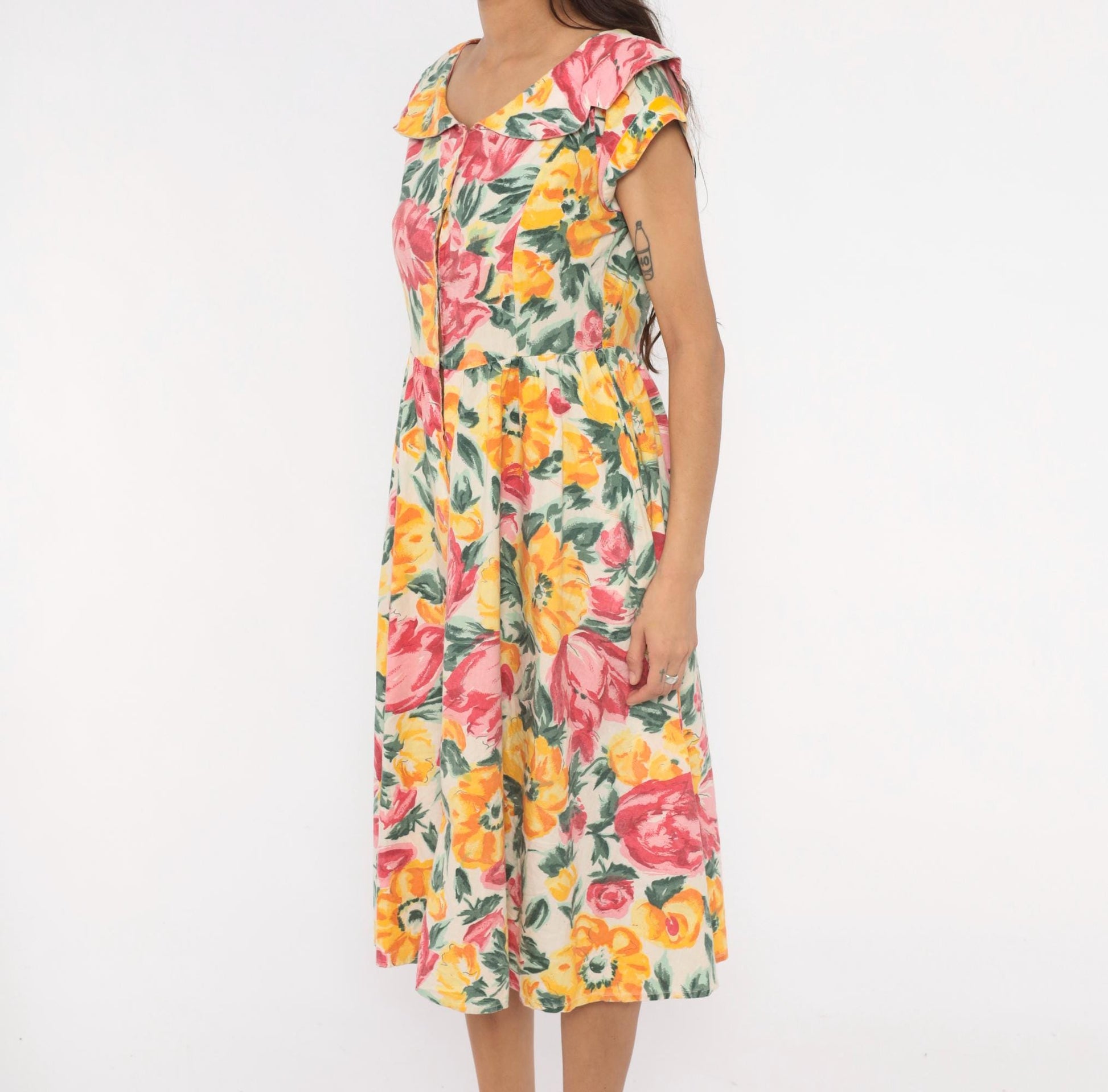 80s Floral Midi Dress Ruffle Collar Rose Print Cream Cotton Medium M