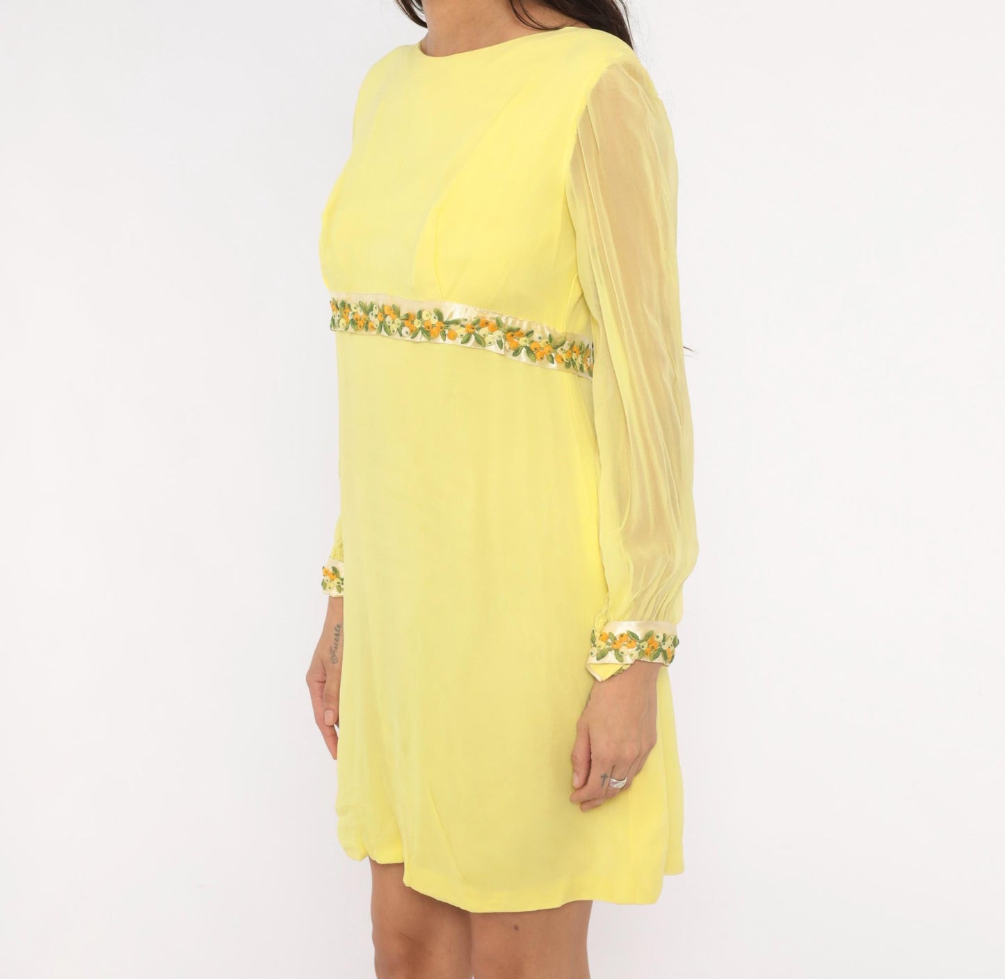 1960s Yellow Chiffon Empire Waist Mini Dress Embroidered Floral Small