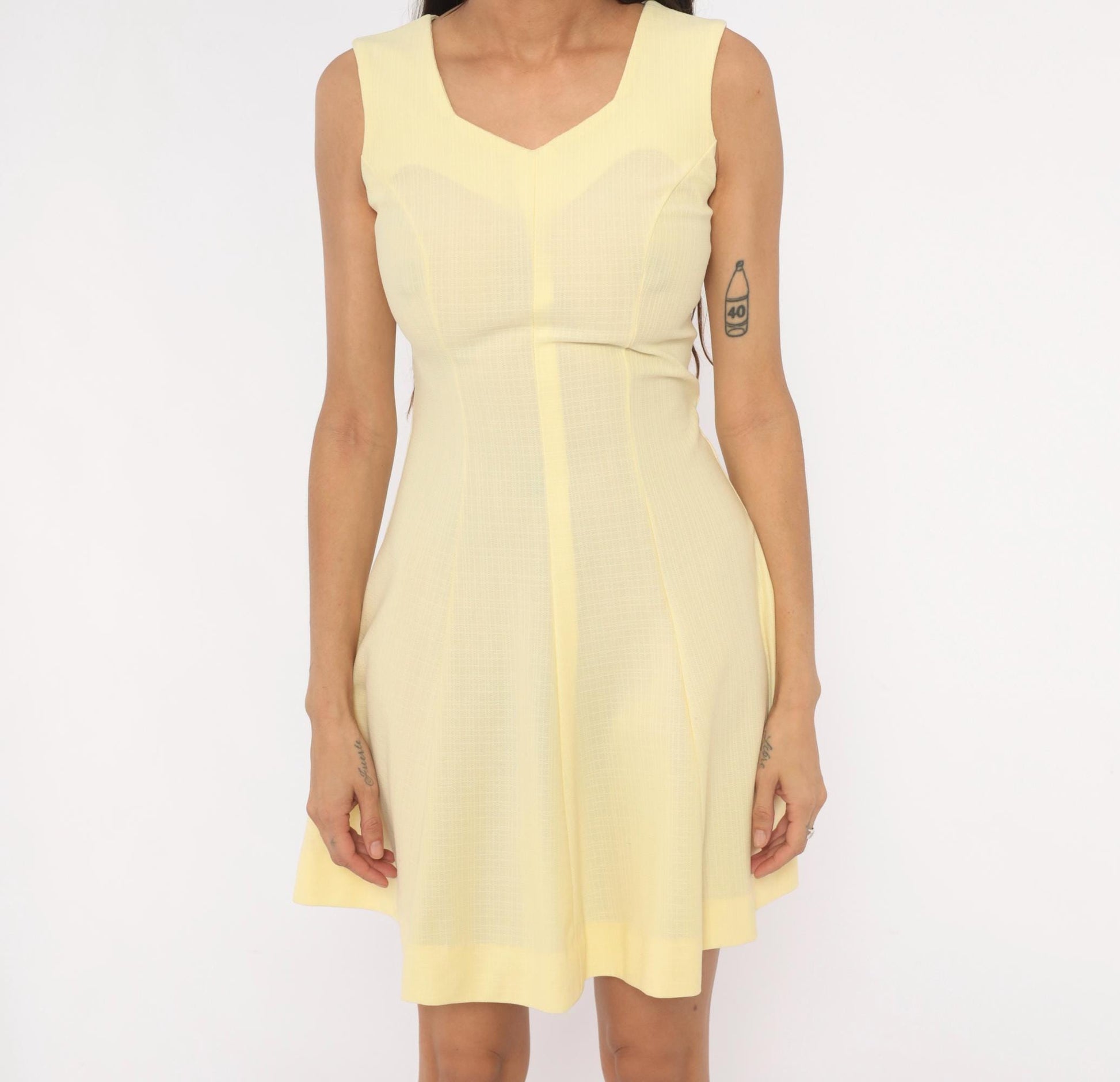 90s Butchamaid Butter Yellow Mini Dress Fit And Flare V-Neck Sleeveless Extra Small XS