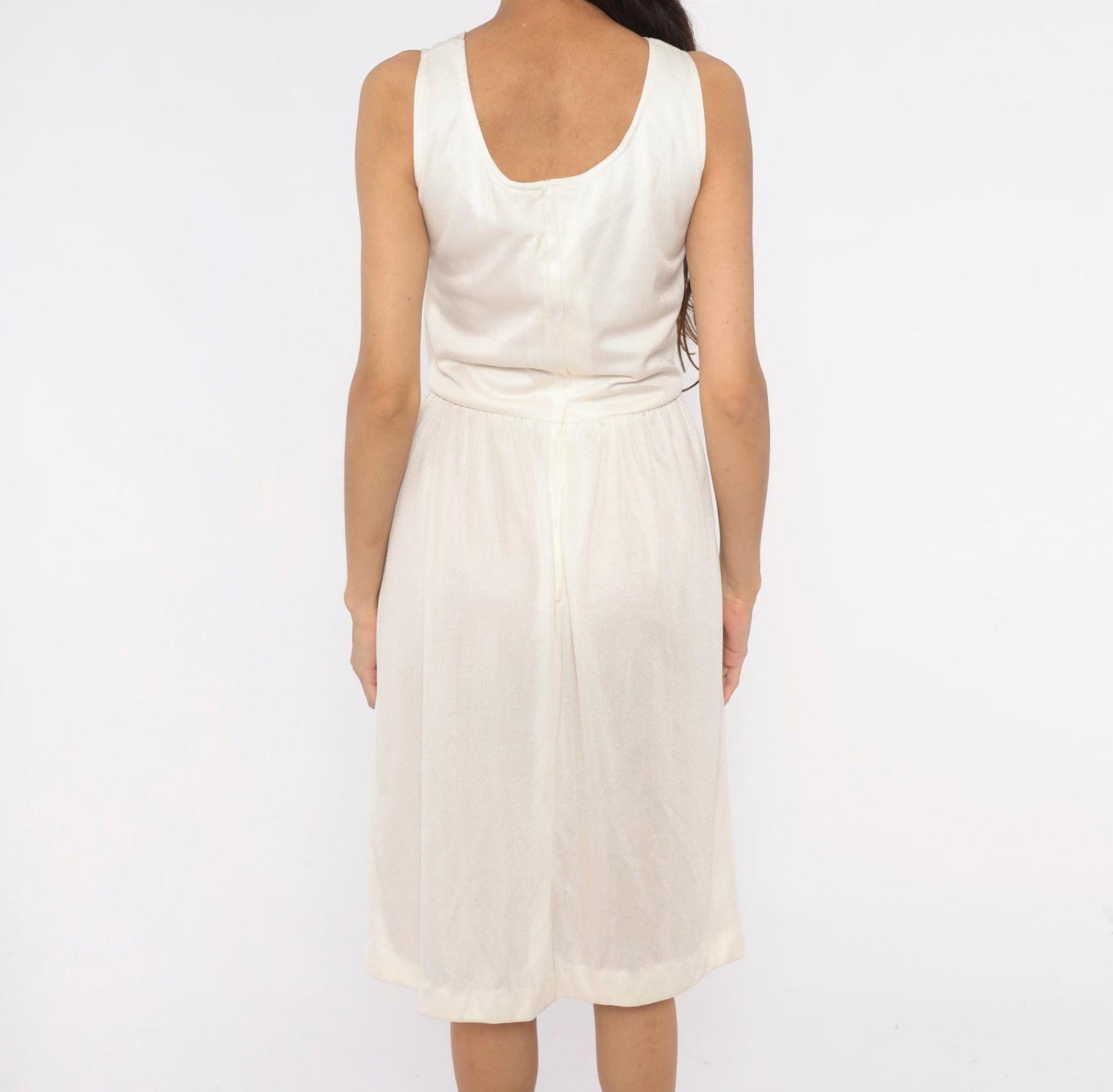 70s Kappi Cowl Neck Sundress Cream Sleeveless Gathered Waist Knee-Length Medium M