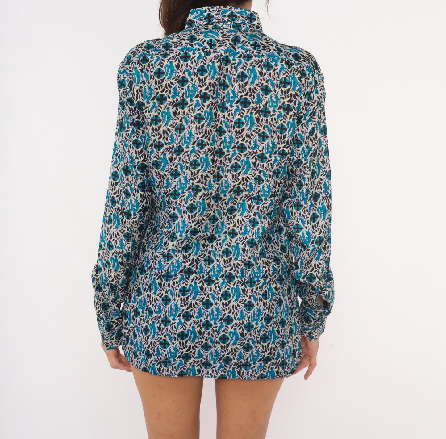 70s Anant & Co Batik Silk Shirt Teal Black Botanical Bird Print Pointed Collar Medium M
