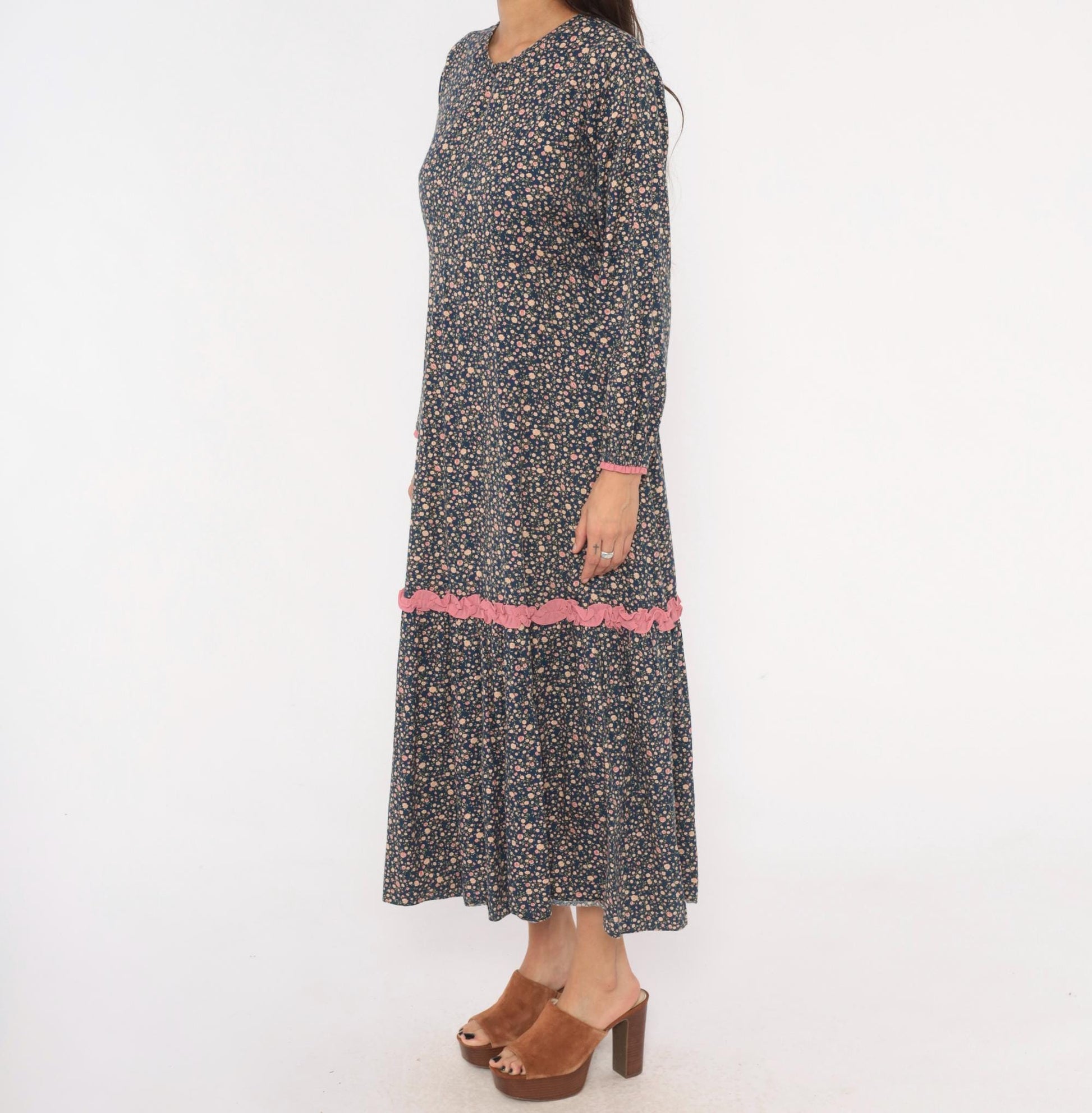 Y2K Indah Navy Floral Maxi Dress Cotton Long Sleeve Ruffle Trim Medium M