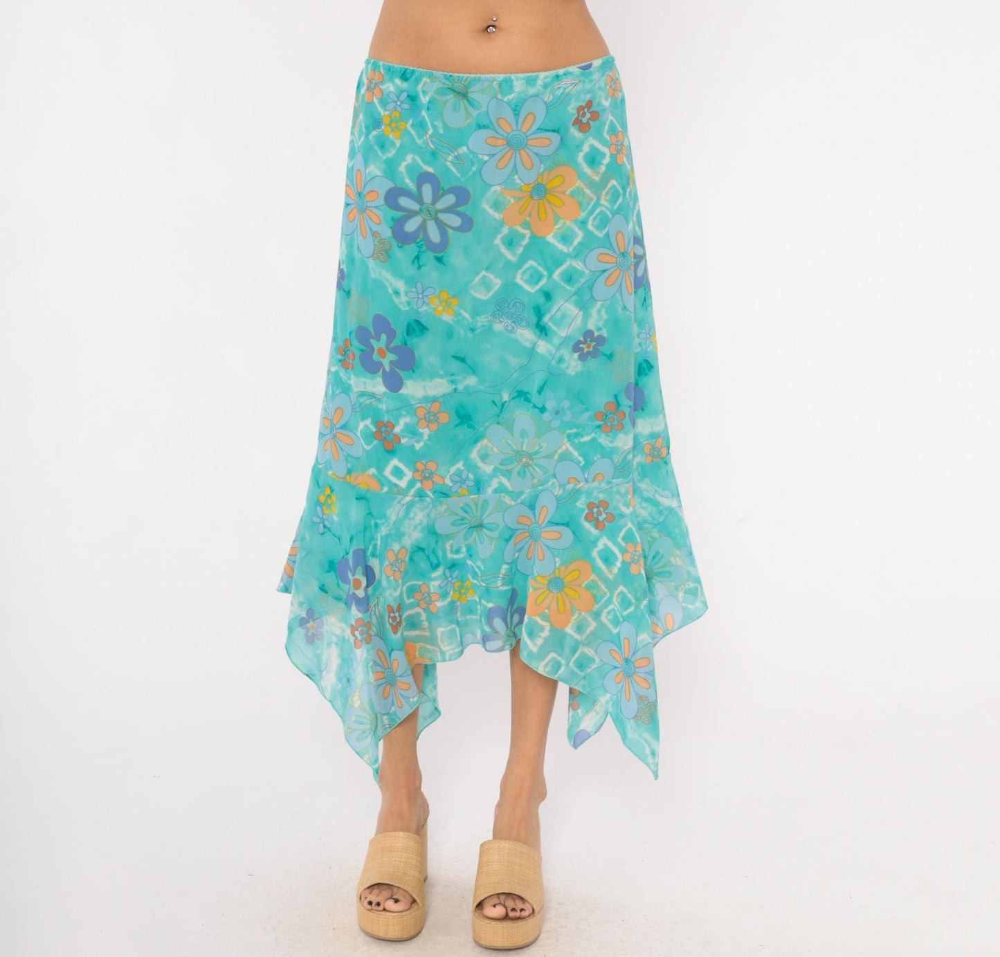 Y2K Millenium Psychedelic Handkerchief Midi Skirt Turquoise Floral Extra Large XXL
