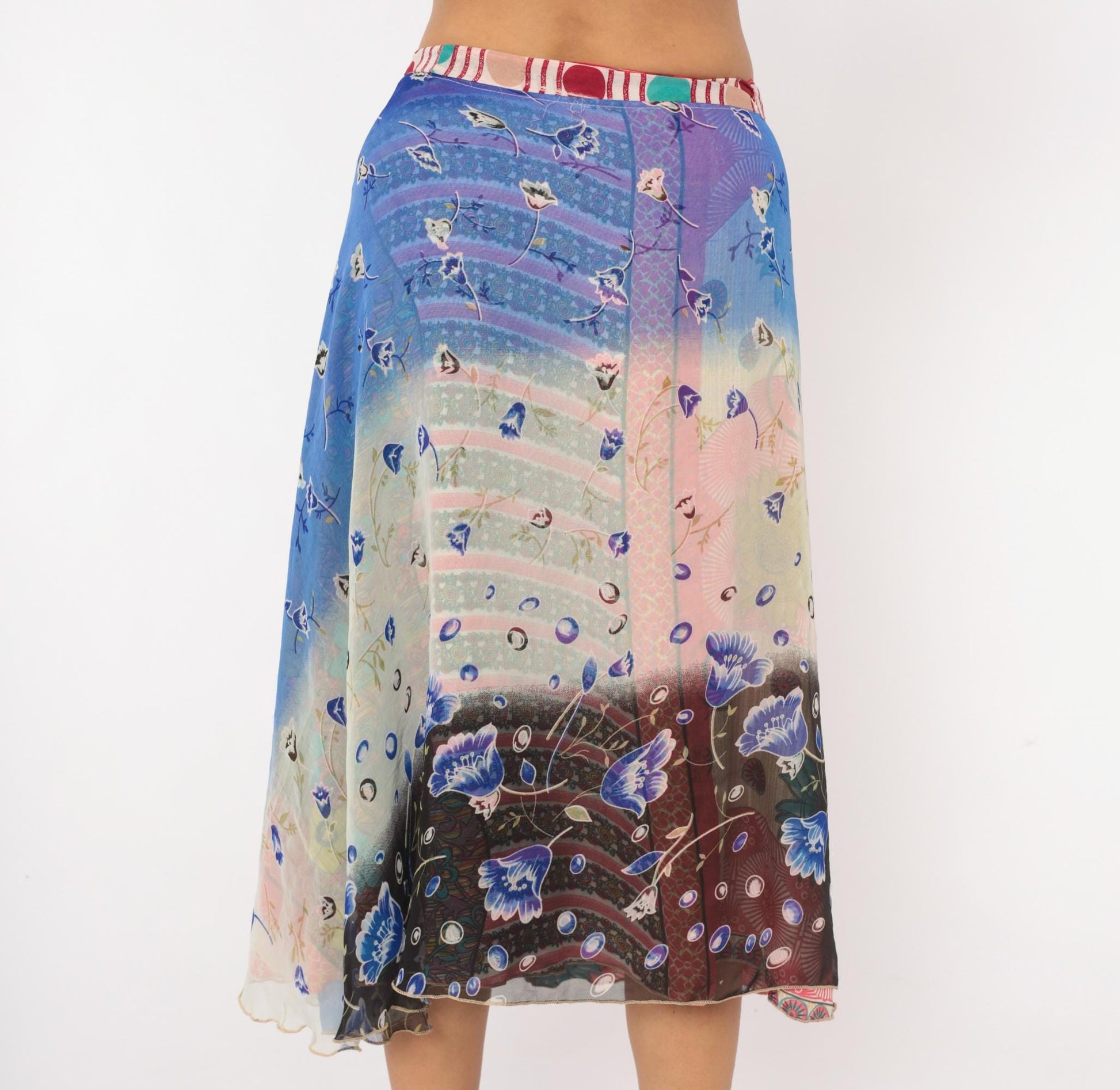 Y2K Kariza Reversible Wrap Midi Skirt Floral Patchwork Blue Pink Medium Large
