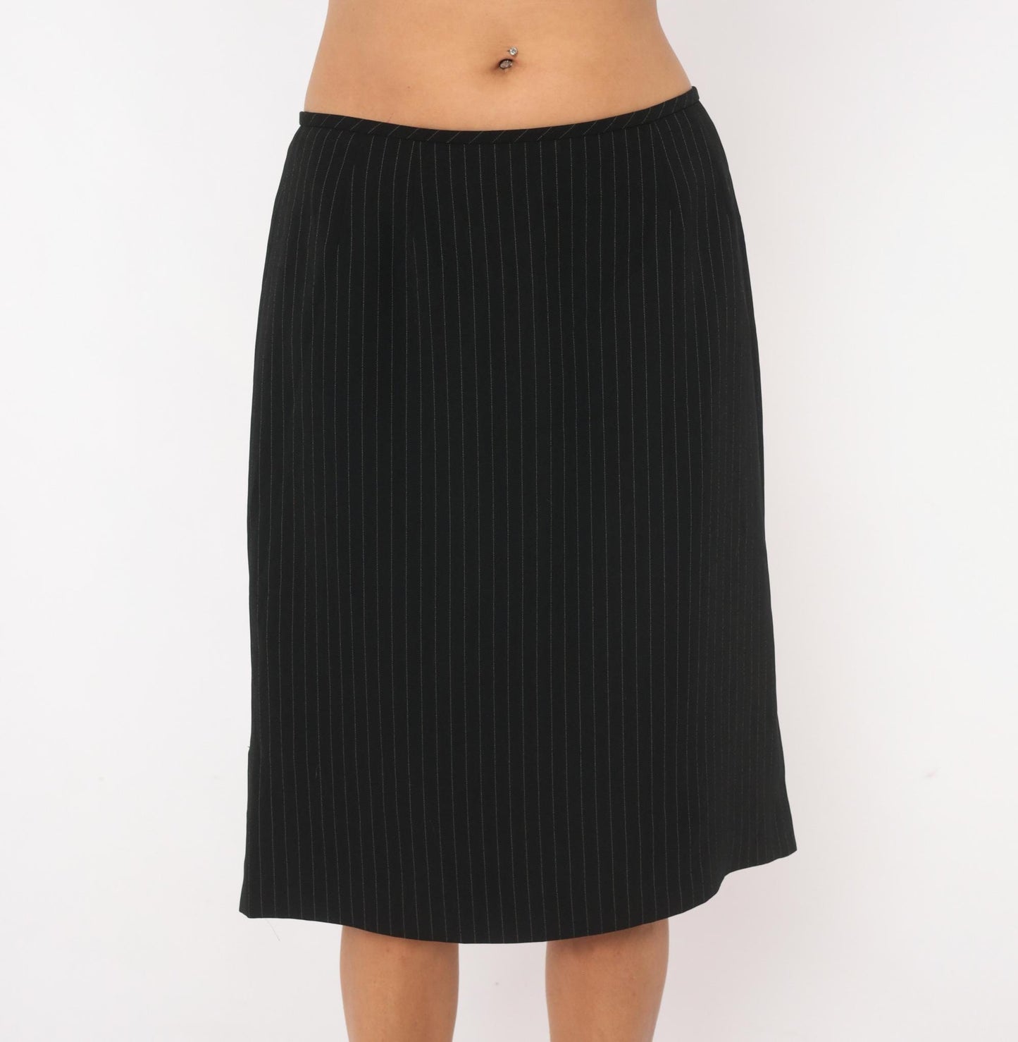 2000s Black Pinstripe A-Line Skirt White Stripe Knee-Length Medium M
