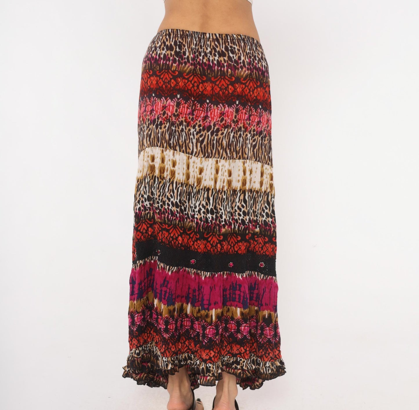 90s Forbidden Animal Print Maxi Skirt Pink Leopard Tiered XL