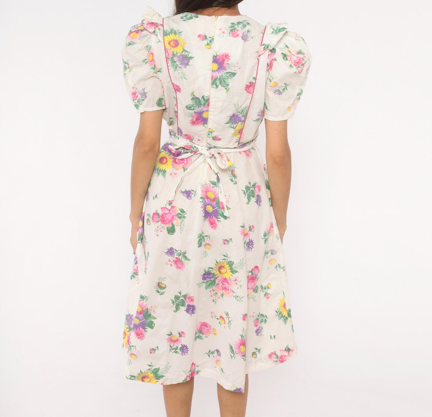 1950s Floral Cotton Dress Puff Sleeve V-Neck Pink White Rose Print Medium
