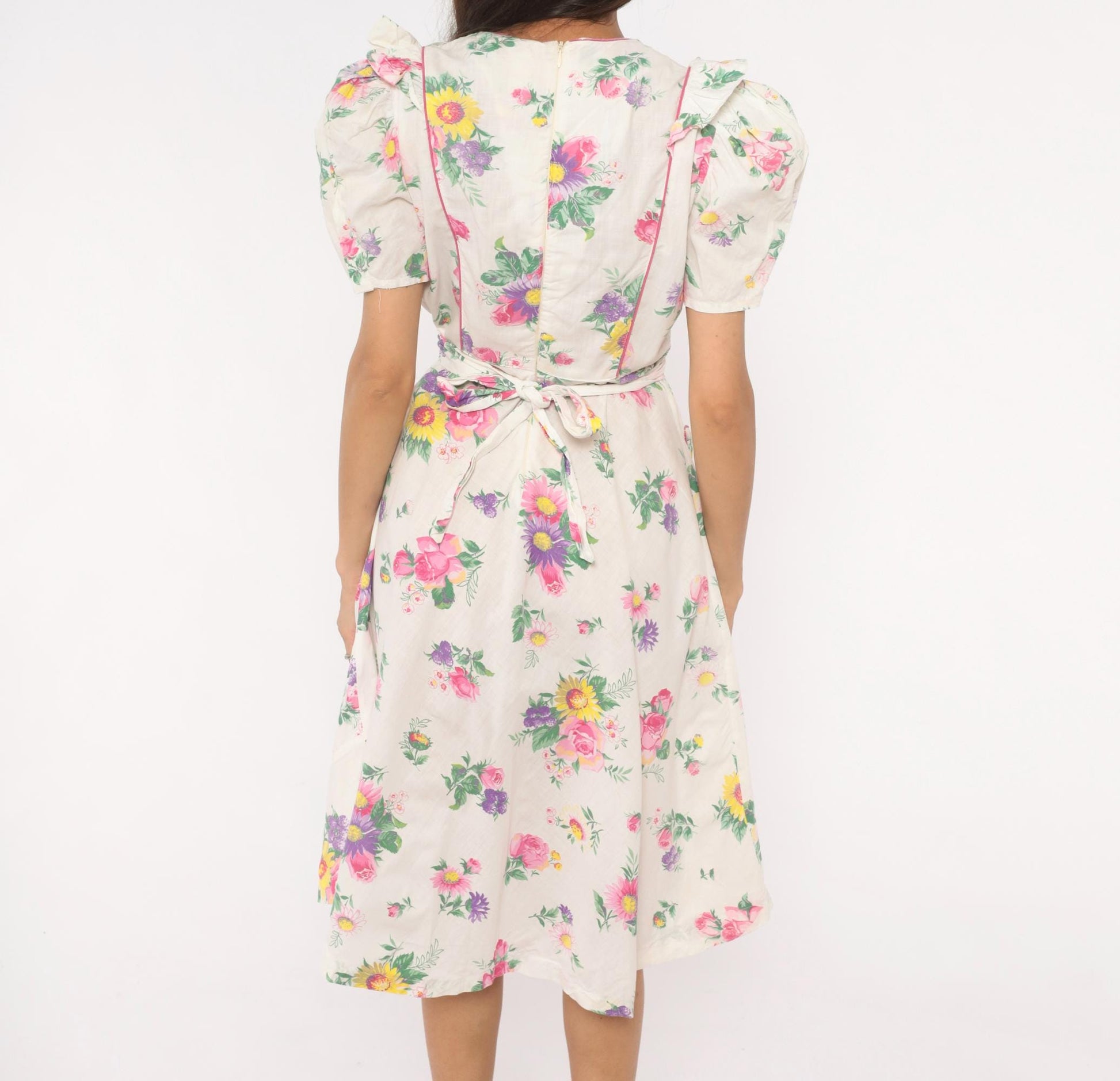 1950s Floral Cotton Dress Puff Sleeve V-Neck Pink White Rose Print Medium