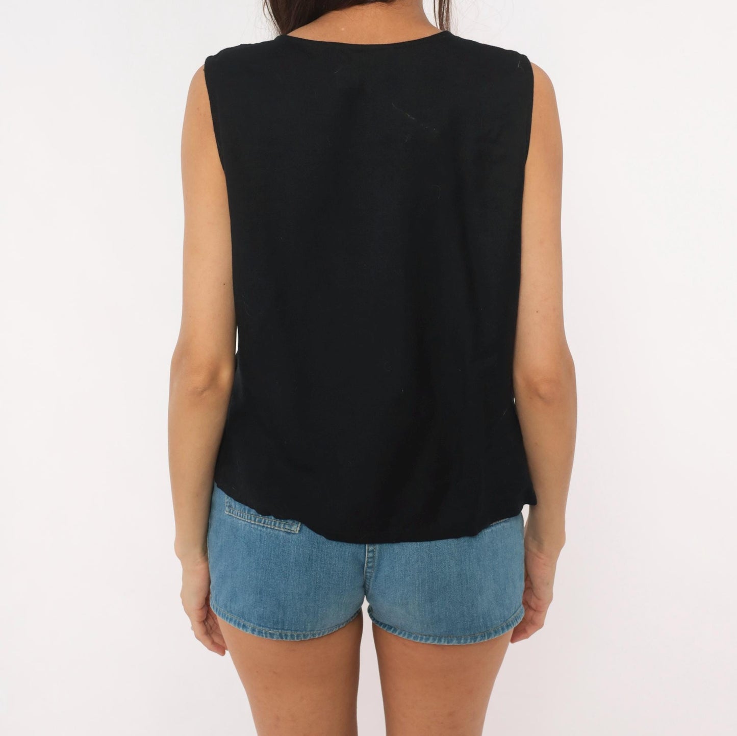 90s Willow Ridge Black Sleeveless Blouse Velvet Embroidered V Neck Small Petite