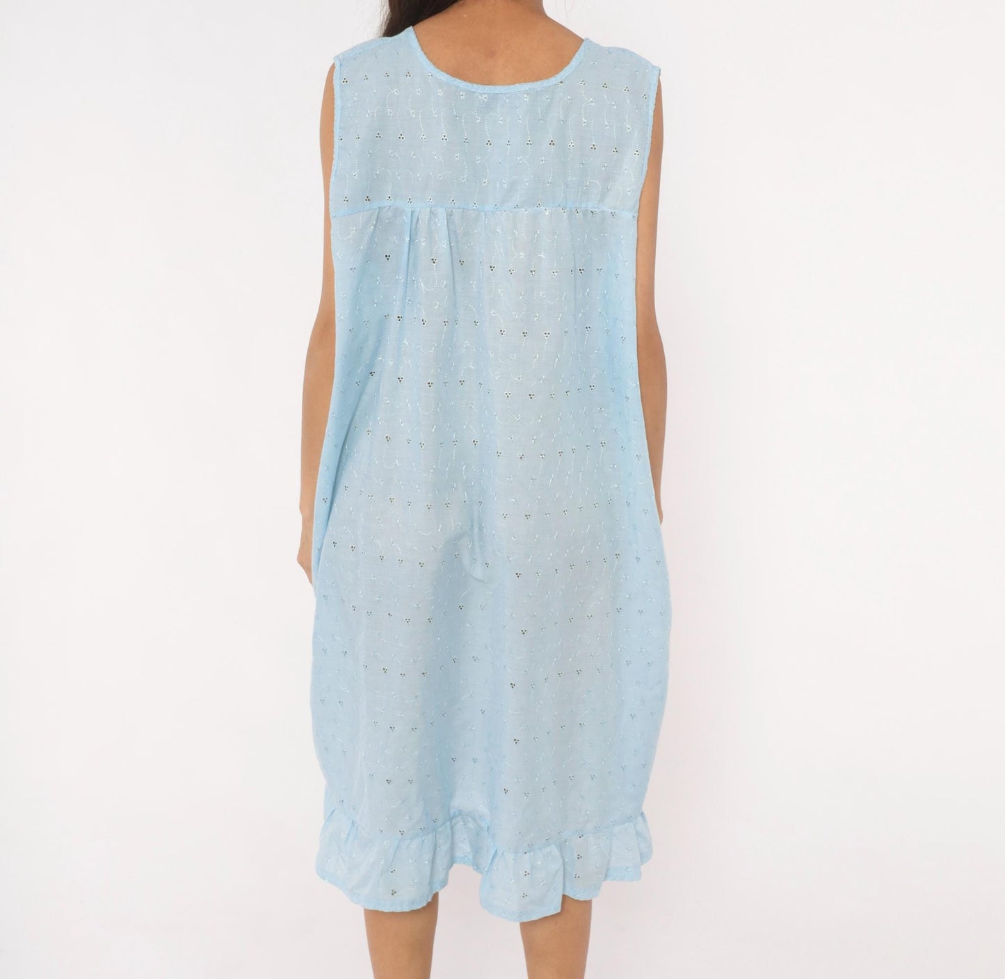 80s Lali Fashion Sky Blue Eyelet Nightgown Babydoll Sleeveless Large L