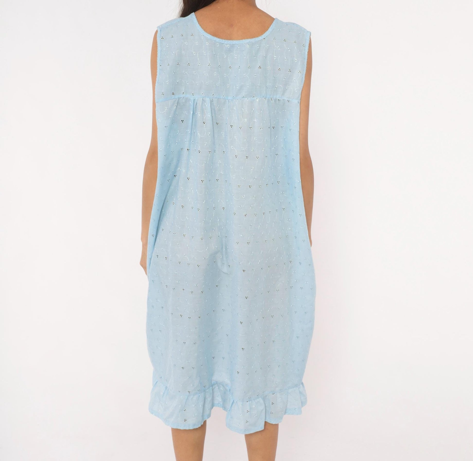 80s Lali Fashion Sky Blue Eyelet Nightgown Babydoll Sleeveless Large L