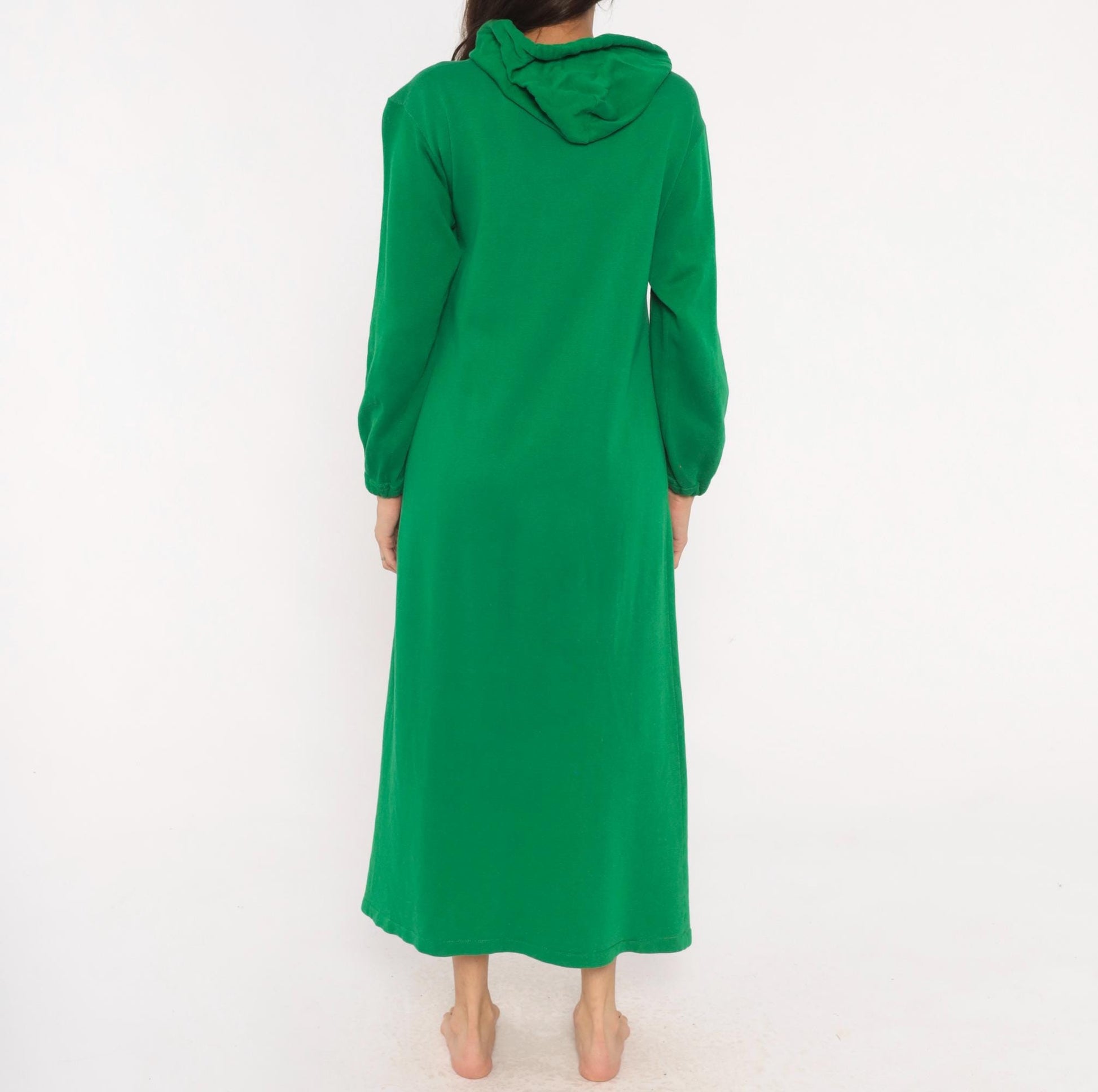 80s Sportwear Emerald Green Hooded Maxi Dress Half-Zip Balloon Sleeve Medium