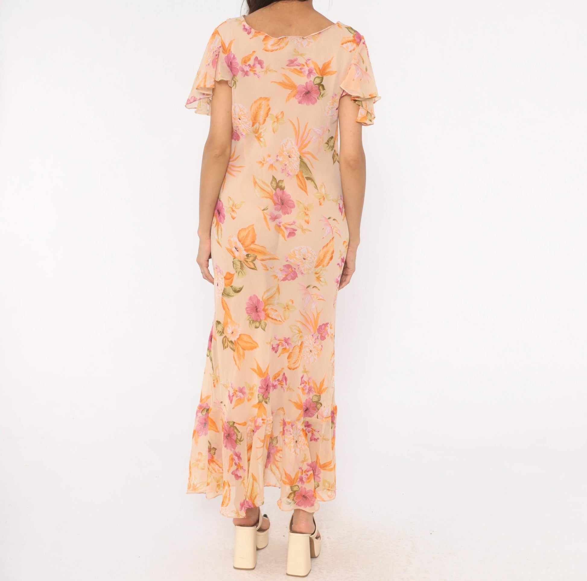 80s Jessica Taylor Peach Floral Maxi Dress Flutter Sleeve Cowl Neck Large L