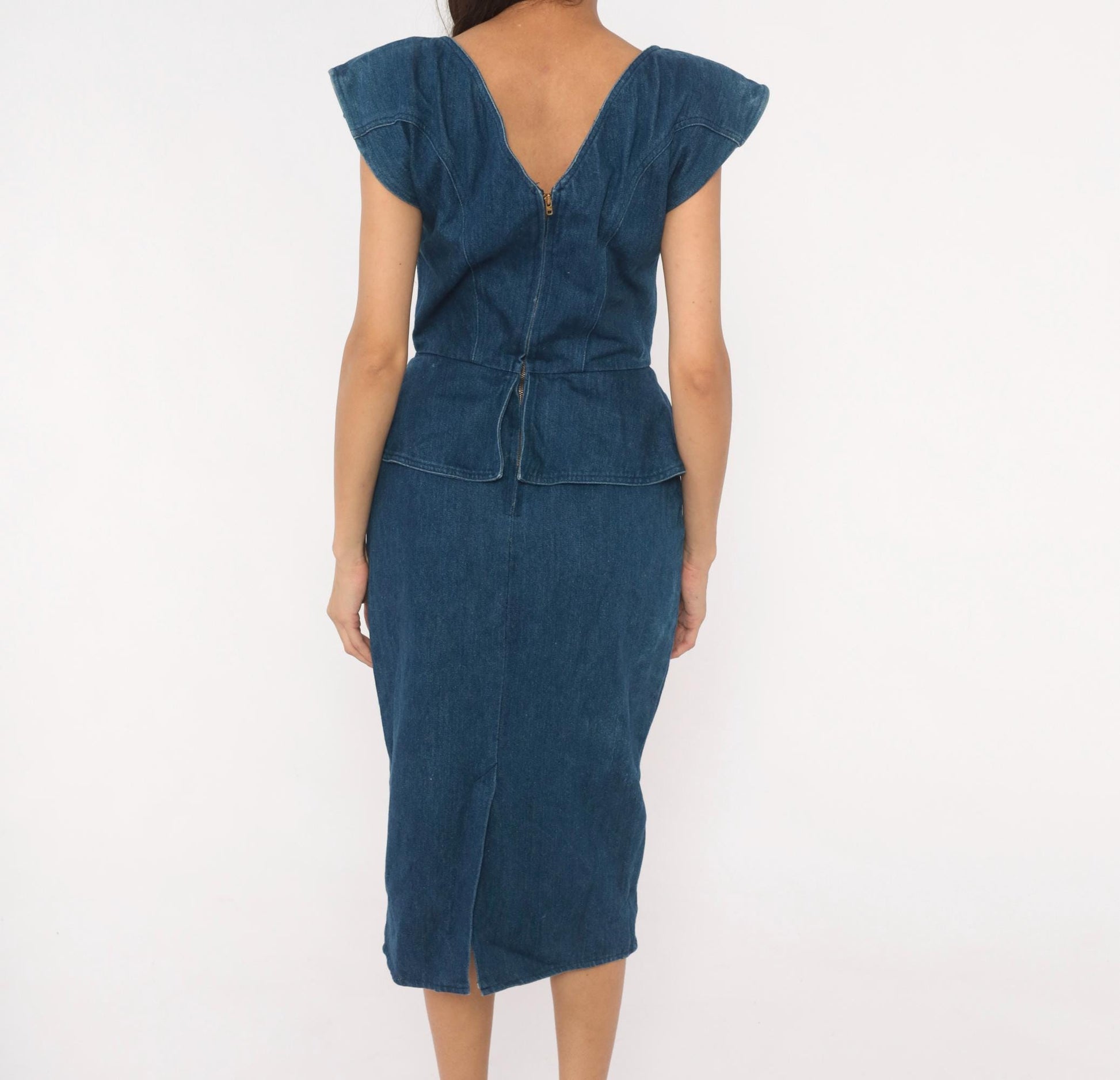 80s Young Edwardian Navy Denim Midi Dress Silver Applique Peplum Small