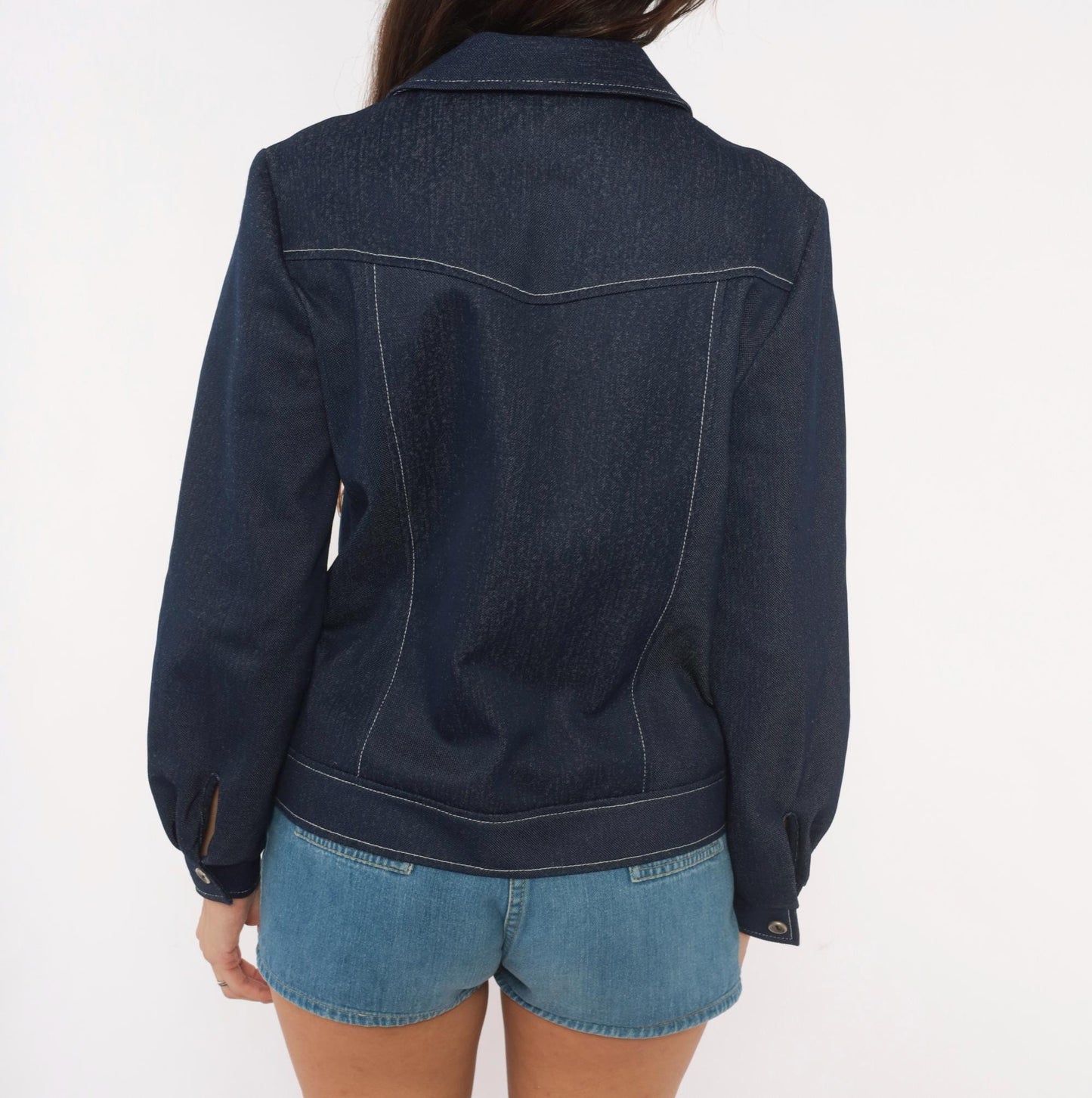 70s KokoKnits Denim Jacket Navy Snap Button Blazer Medium