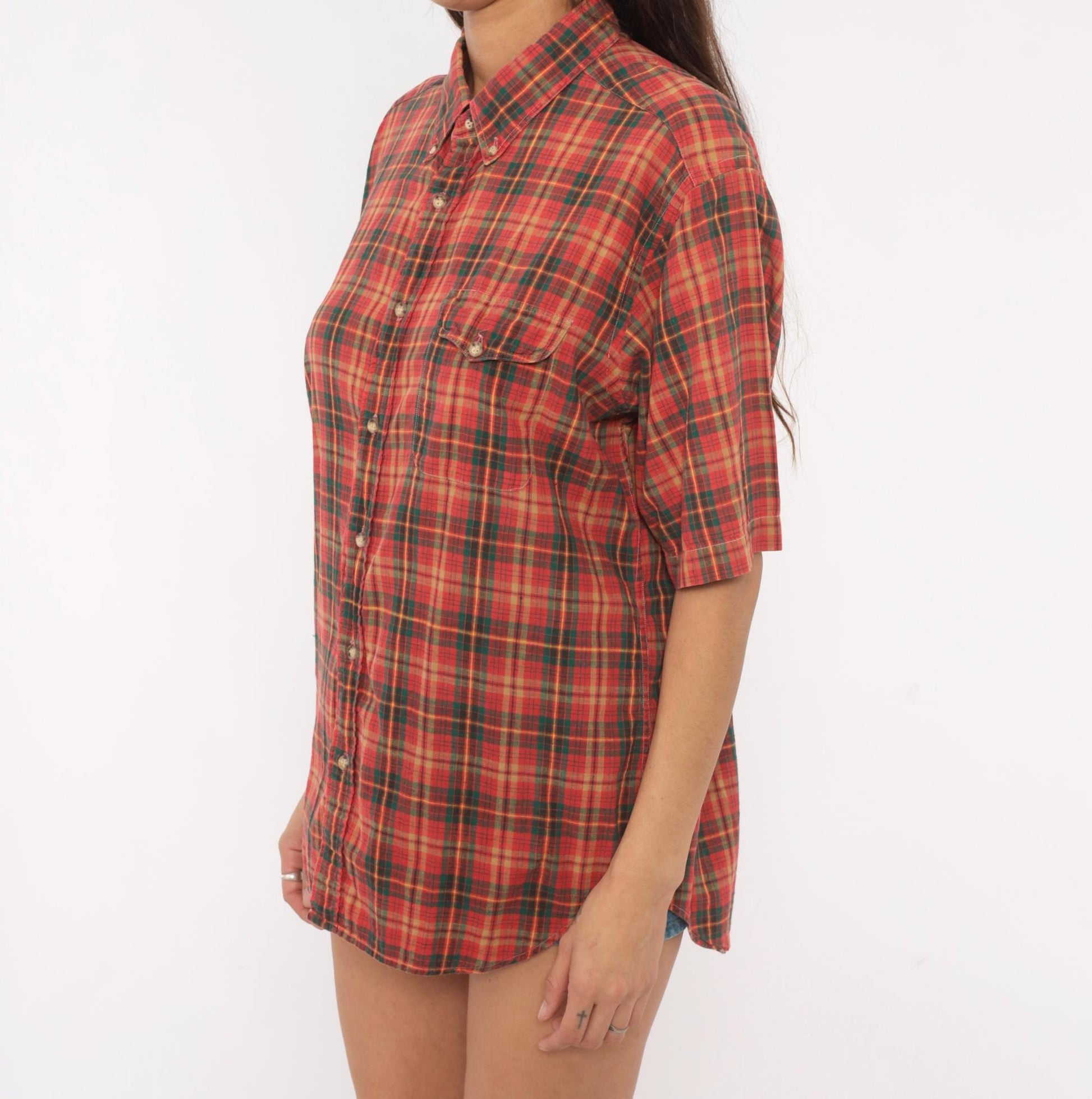 90s Resilio Red Plaid Cotton Button-Down Shirt Short Sleeve Small