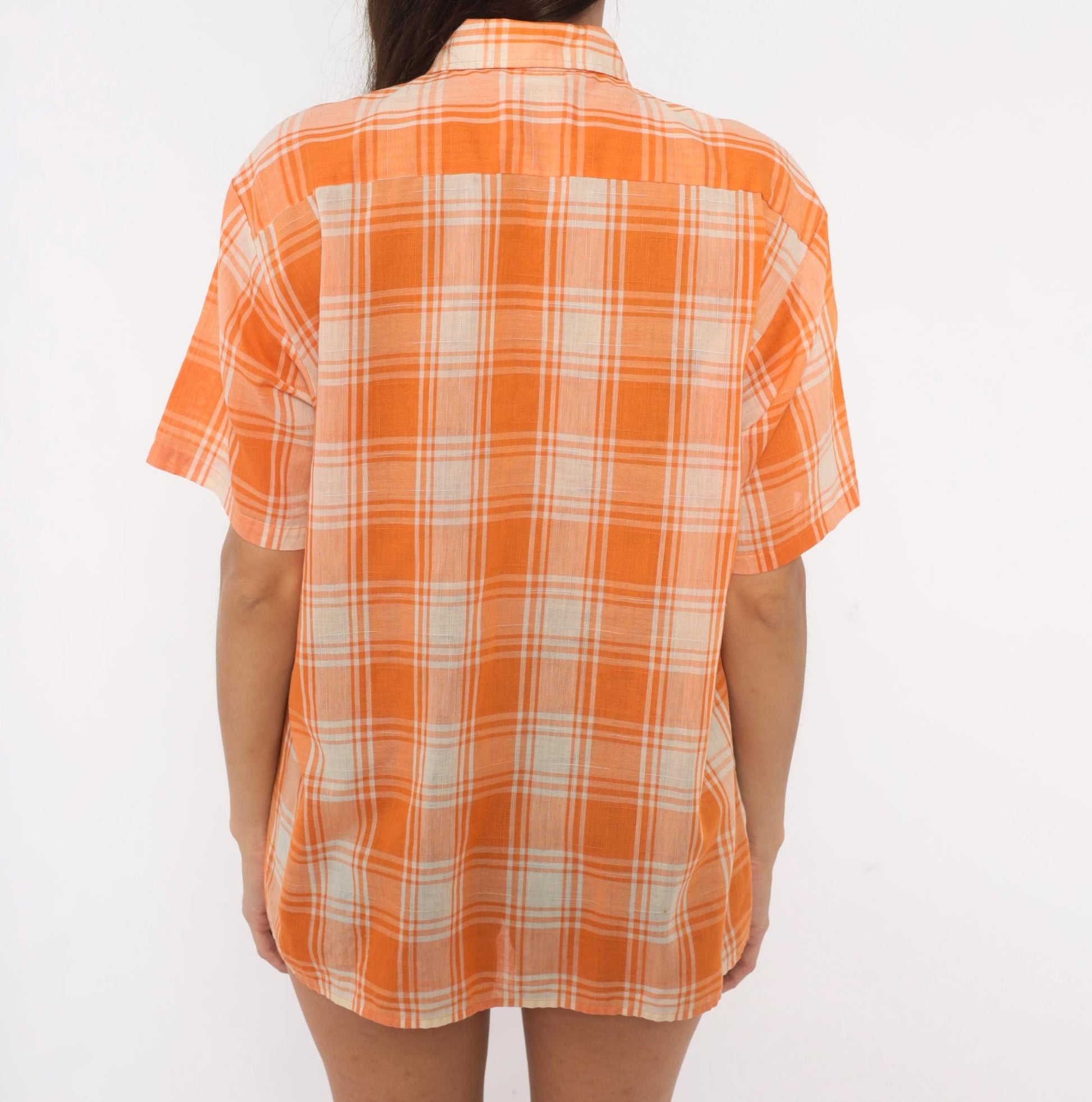 70s Manhattan Docoma Orange Plaid Button-Up Shirt Cream Check Short Sleeve Medium