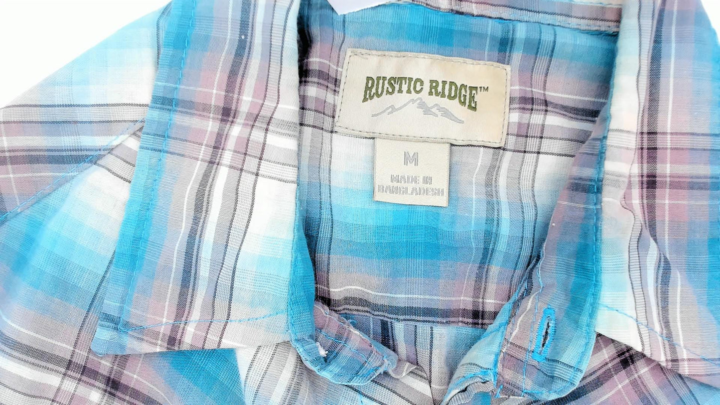 Y2K Rustic Ridge Western Plaid Snap Shirt Teal Grey Medium M