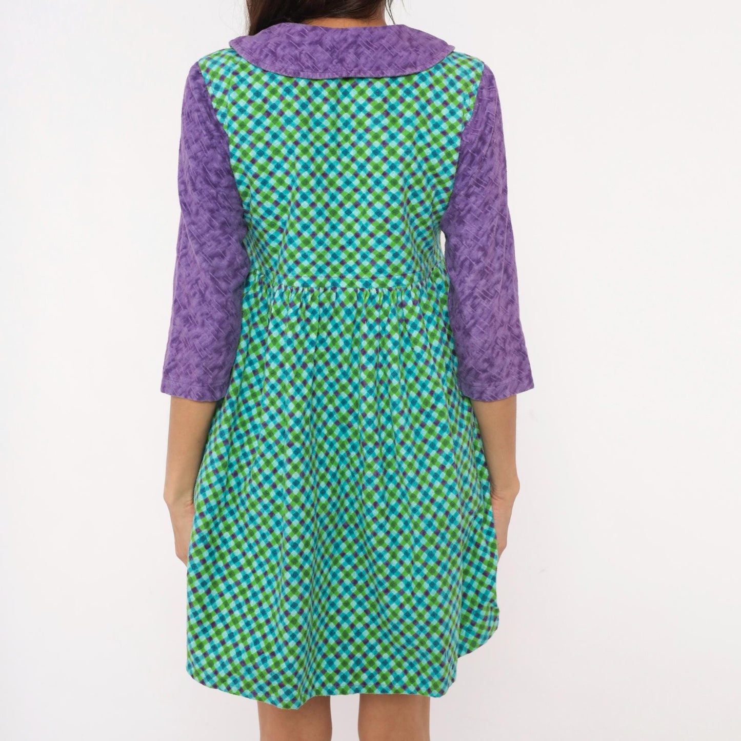 60s Babydoll Dress Purple Green Blue Gingham Peter Pan Collar Mini XS