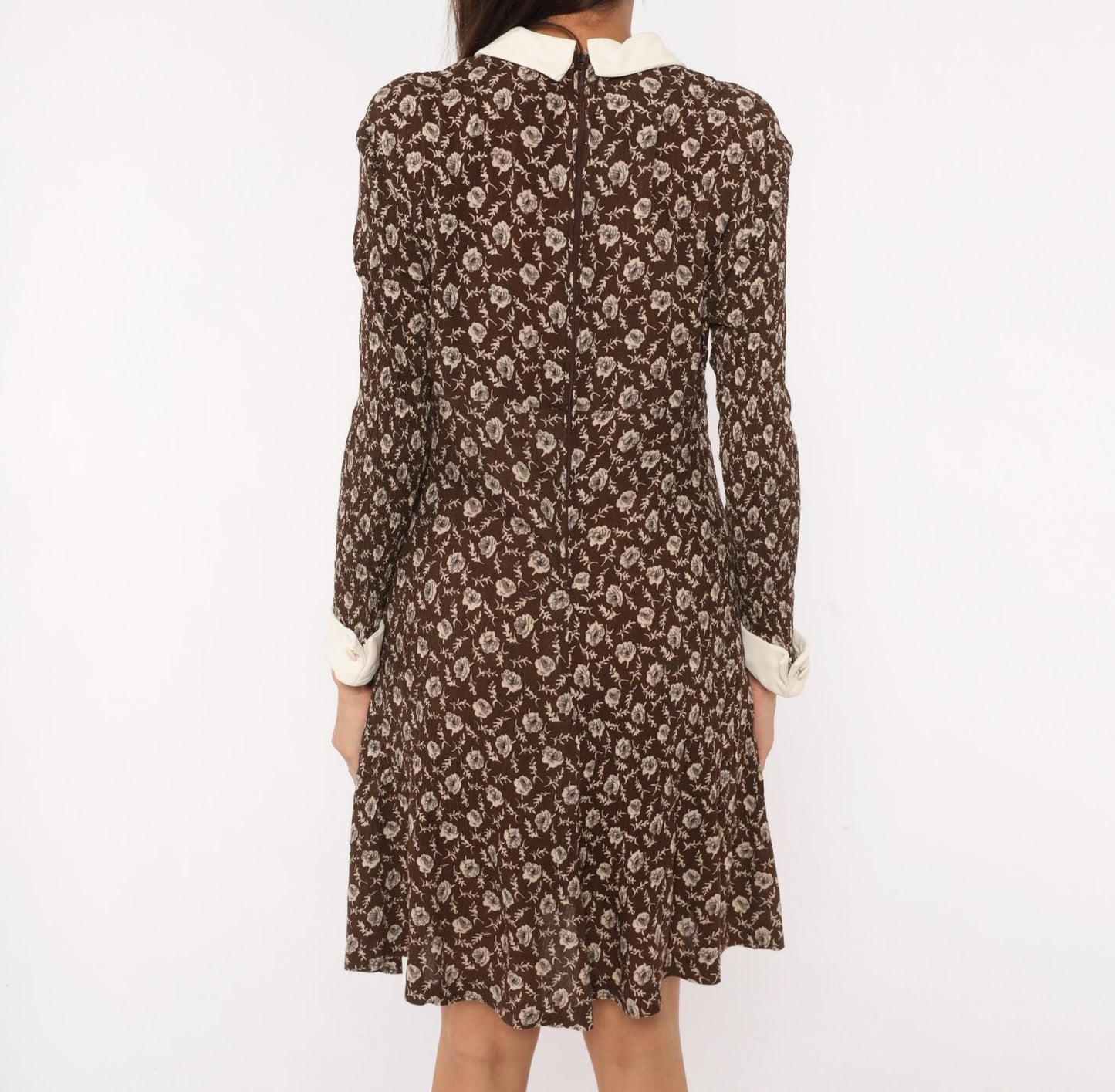 90s Karin Stevens Floral Dress Brown Cream Pointed Collar Knee-Length Large L