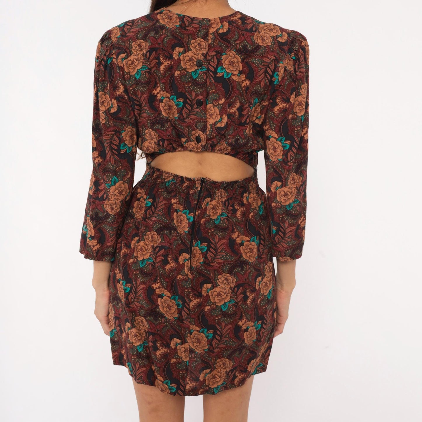 80s Karin Stevens Burgundy Floral Mini Dress Open Back Three Quarter Sleeve Medium