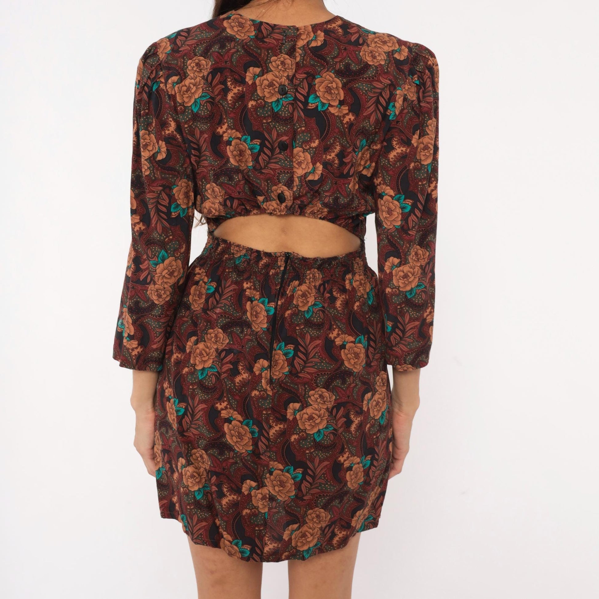 80s Karin Stevens Burgundy Floral Mini Dress Open Back Three Quarter Sleeve Medium