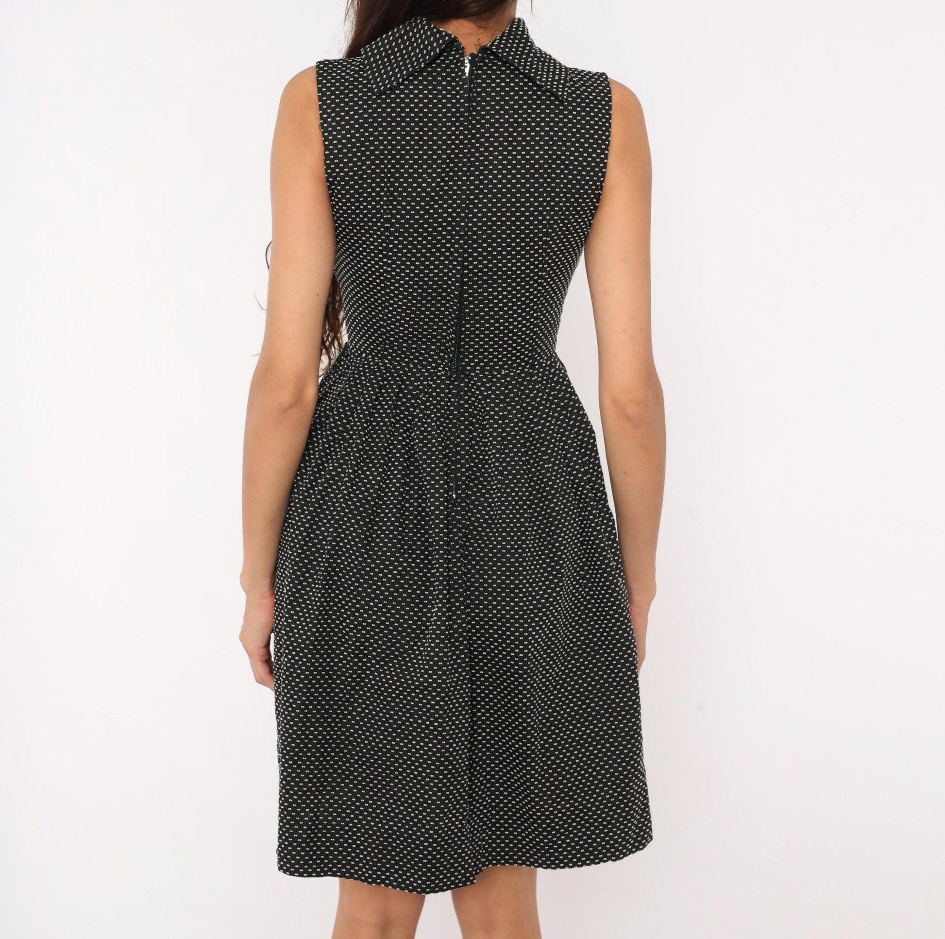 60s Mod Mini Dress Black White Polka Dot Mock Neck Fit Flare Cotton Extra Small
