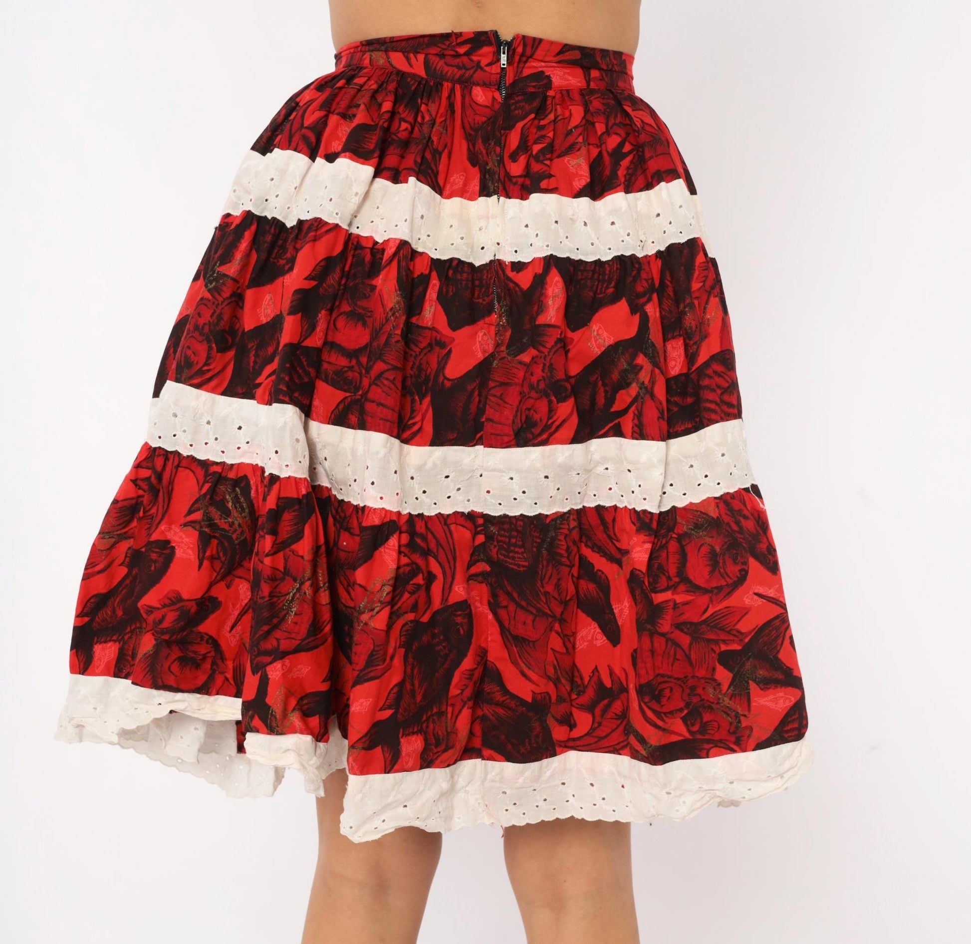 60s Fish Print Circle Skirt Red Black Eyelet Lace Cotton Extra Small
