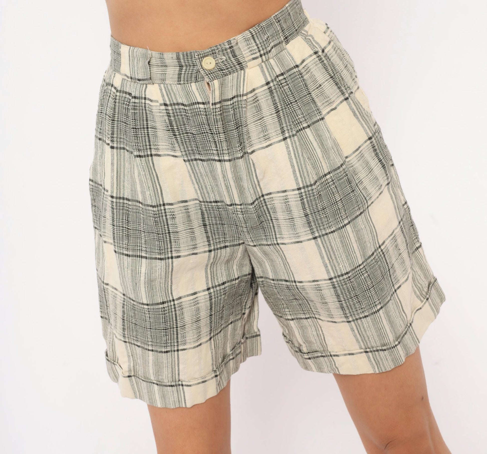80s Fundamental Things Plaid Linen Bermuda Shorts Black Cream High Waist Pleated Extra Small