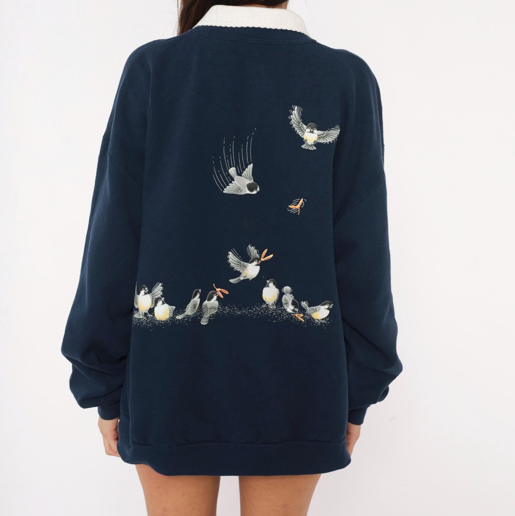 90s Morning Sun Chickadee Sweatshirt Navy Blue Autumn Leaves Collared Graphic Extra Large