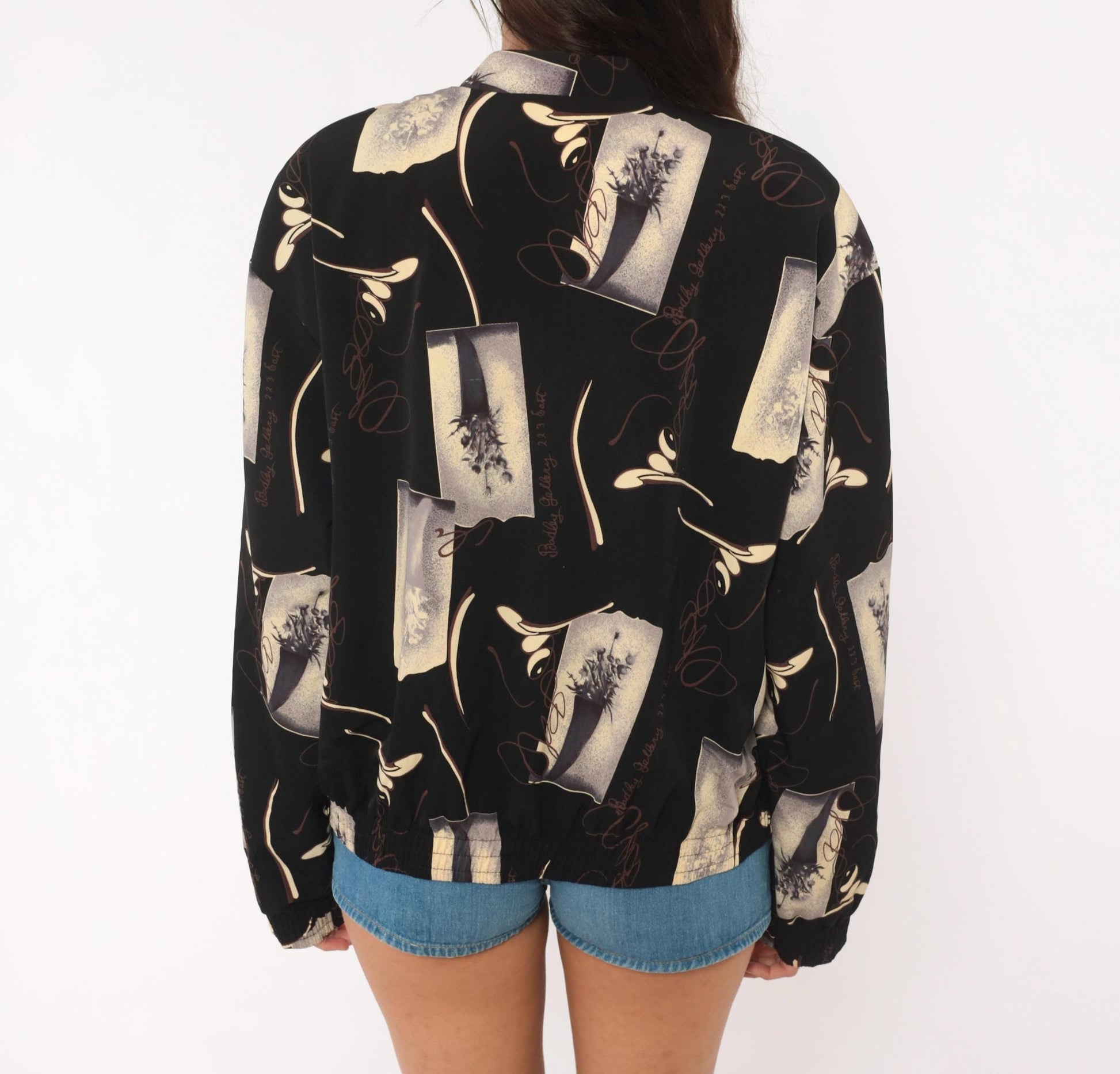 90s Kensington Square Bomber Jacket Black Cream Floral Vase Graphic Large