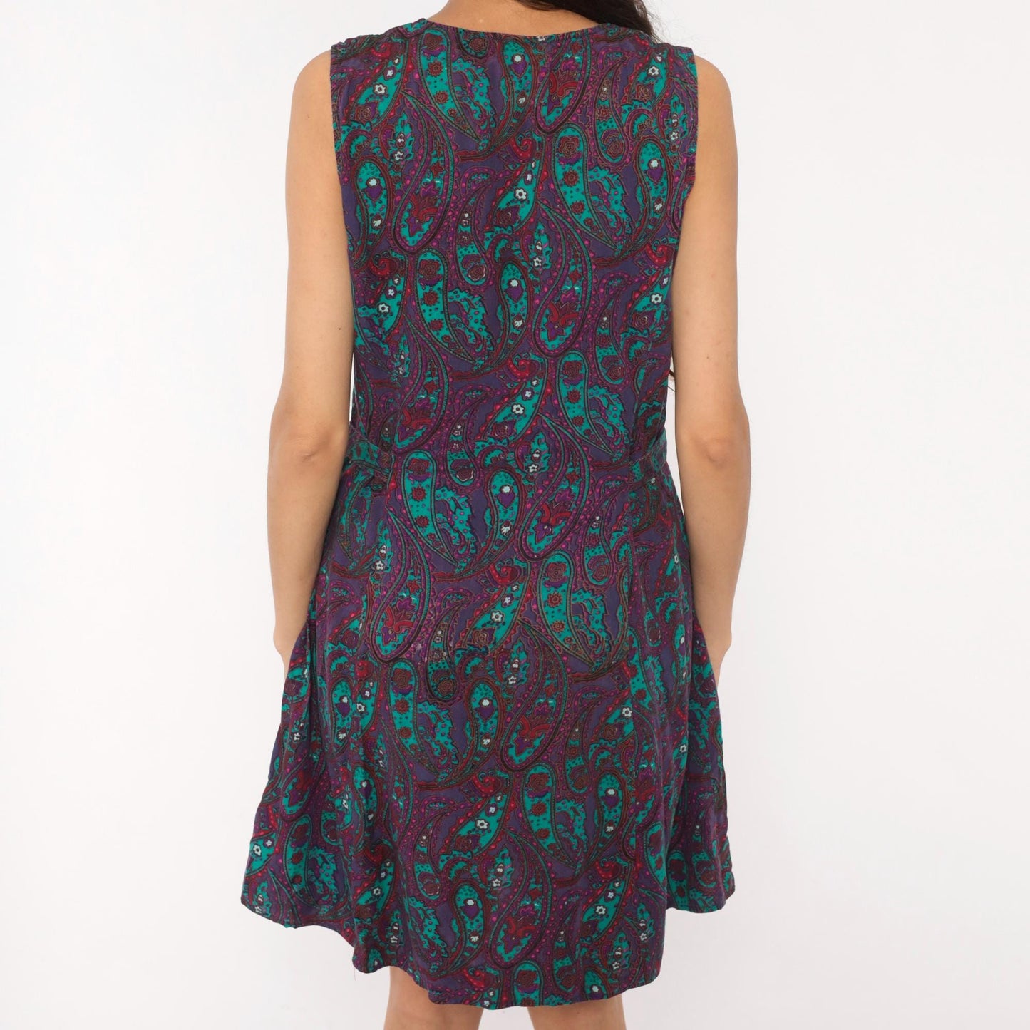80s Tr Bentley Paisley Floral Dress Purple Teal Button Front Sleeveless Medium