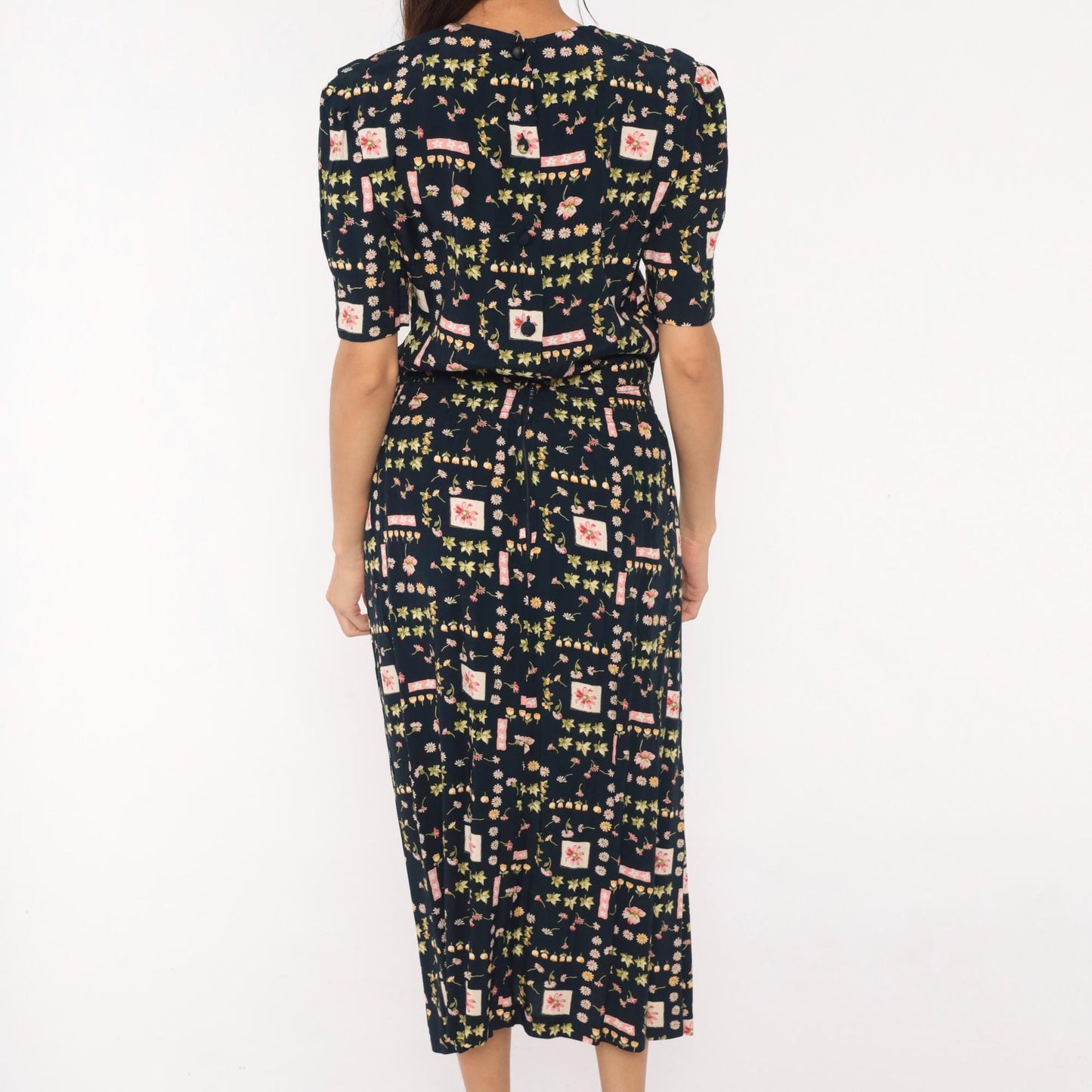 90s Karin Stevens Botanical Midi Dress Navy Floral Puff Sleeve Medium M