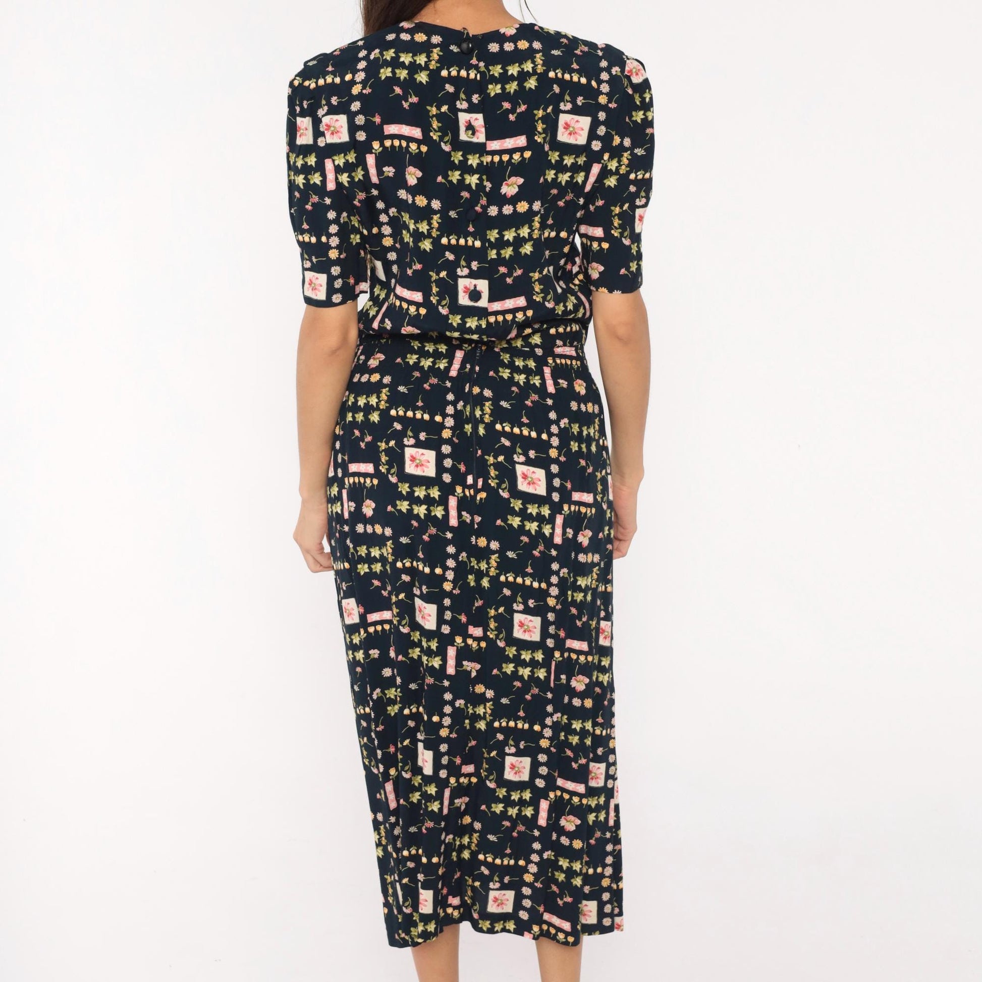 90s Karin Stevens Botanical Midi Dress Navy Floral Puff Sleeve Medium M