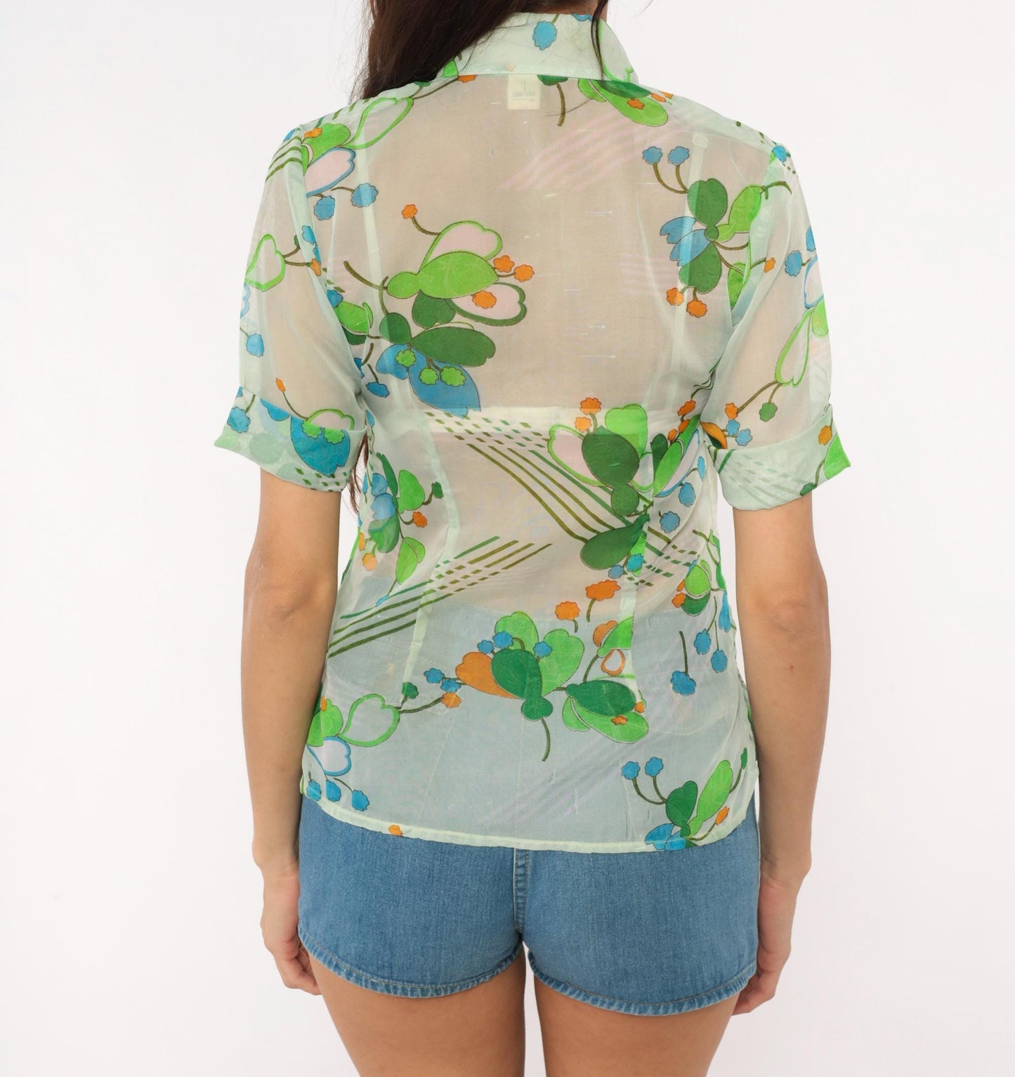 70s Nobel Floral Button-Up Blouse Mint Green Blue Orange Pointed Collar Small
